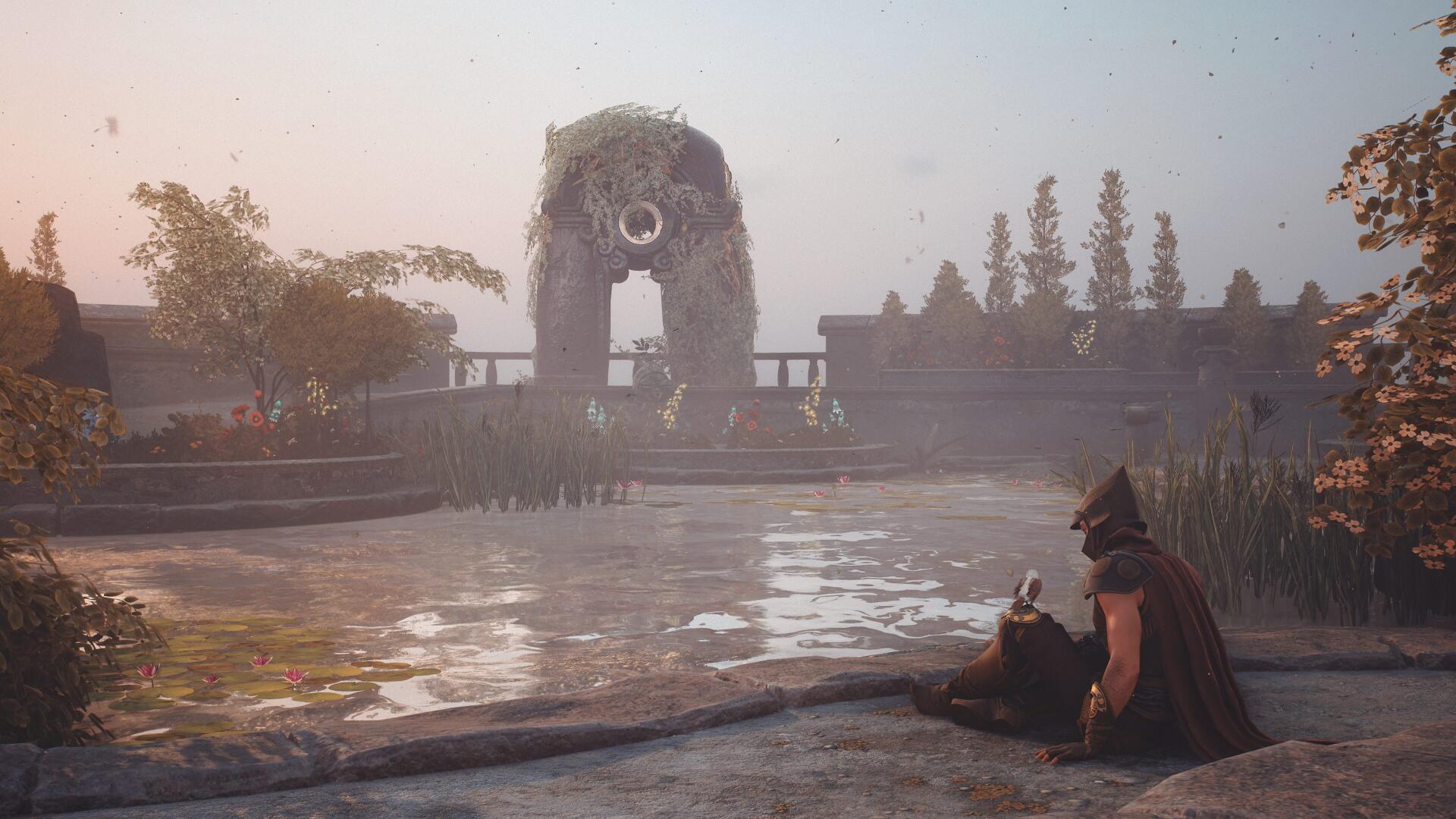 Soulframe video game 4K Ultra HD PC desktop wallpaper and background: cloaked warrior and companion by a reflective pool gazing at a mossy stone arch and distant ruins at dusk.