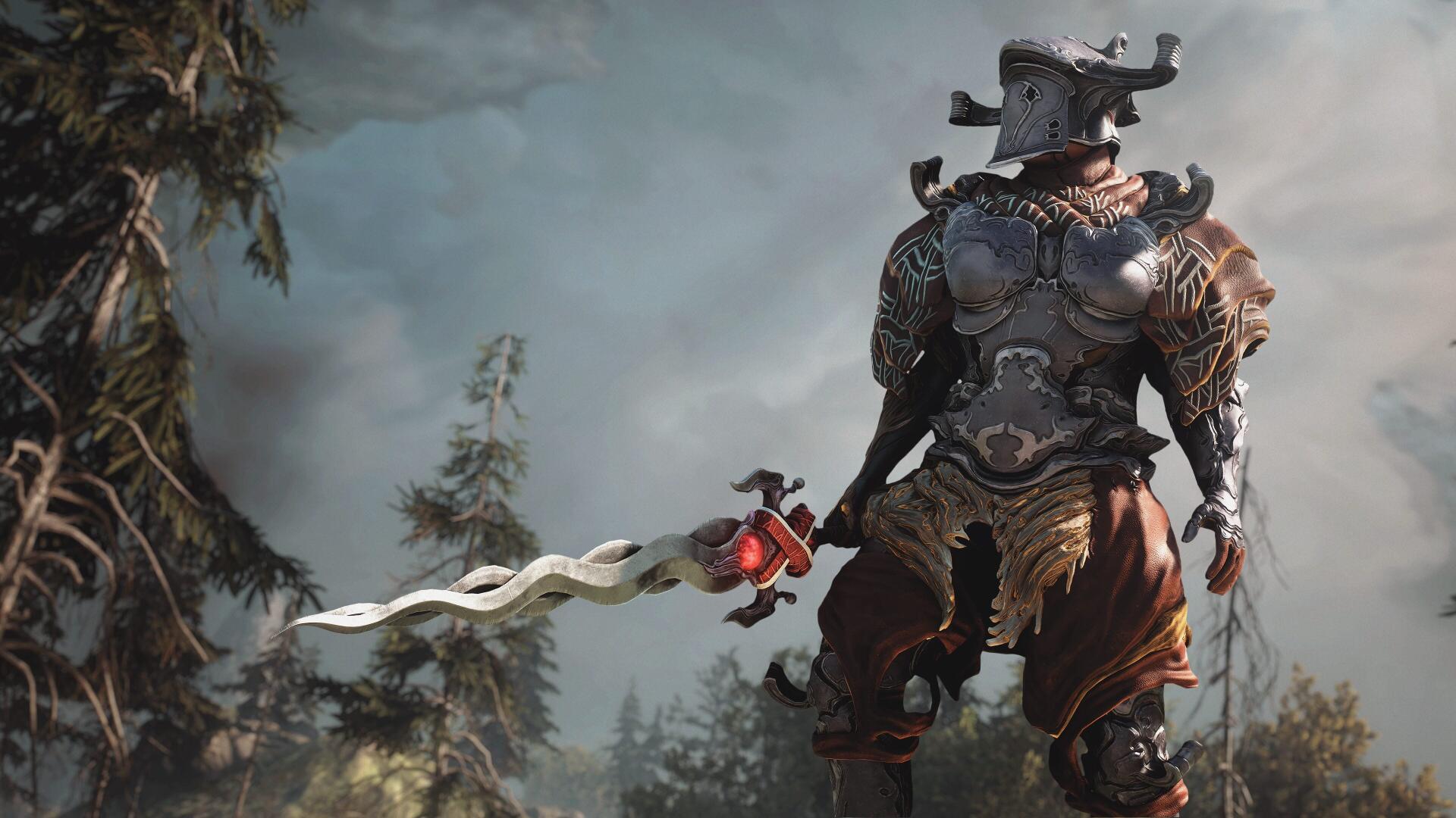 Soulframe video game 4K Ultra HD PC desktop wallpaper and background: armored warrior with ornate, flowing blade stands on a misty cliff overlooking a dark forest and stormy sky.