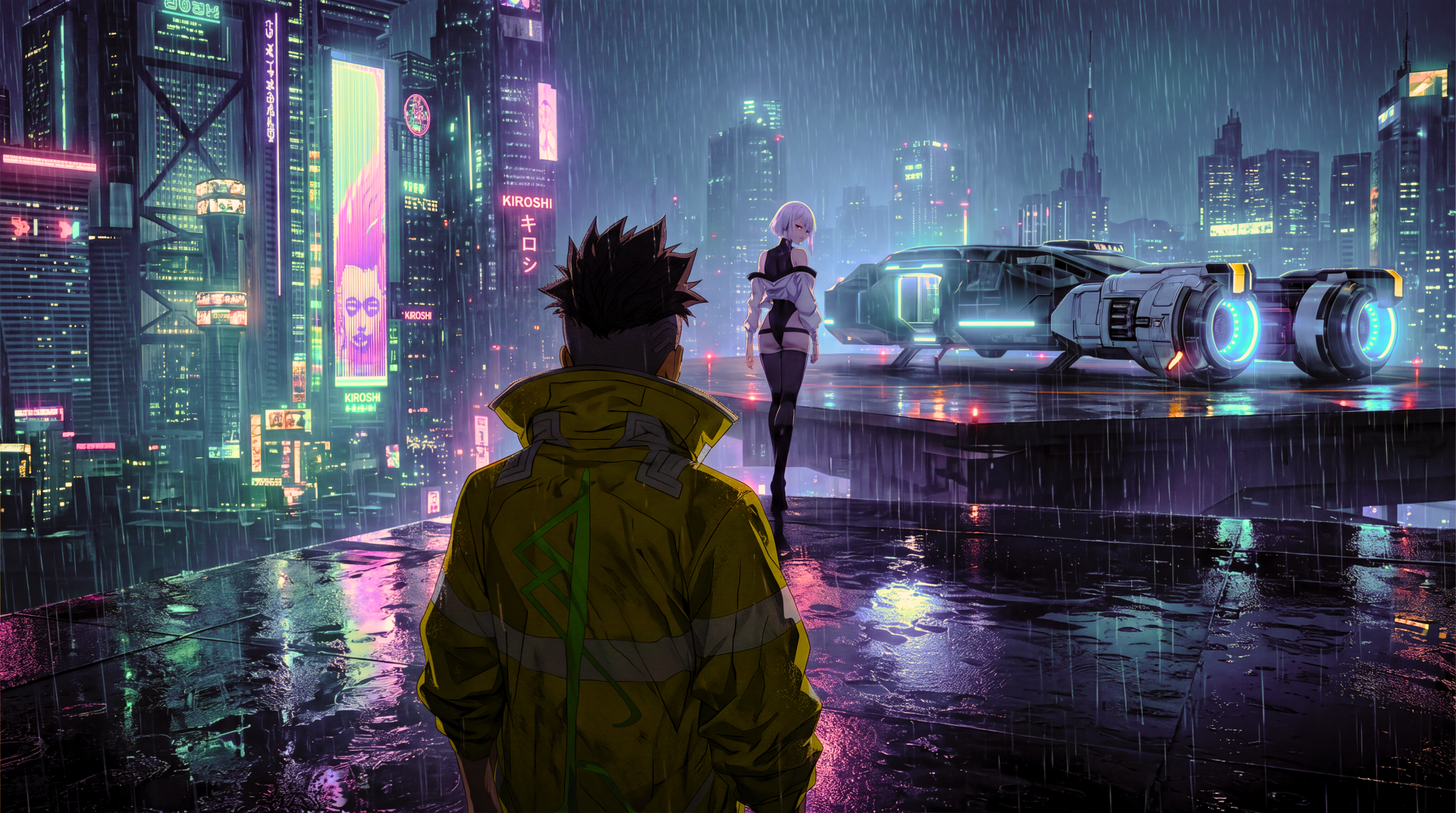 Cyberpunk: Edgerunners 5K Ultra HD PC desktop wallpaper and background — David in a yellow coat watches Lucy by a neon-lit hovercar on a rainy rooftop above a neon-soaked cyberpunk city.