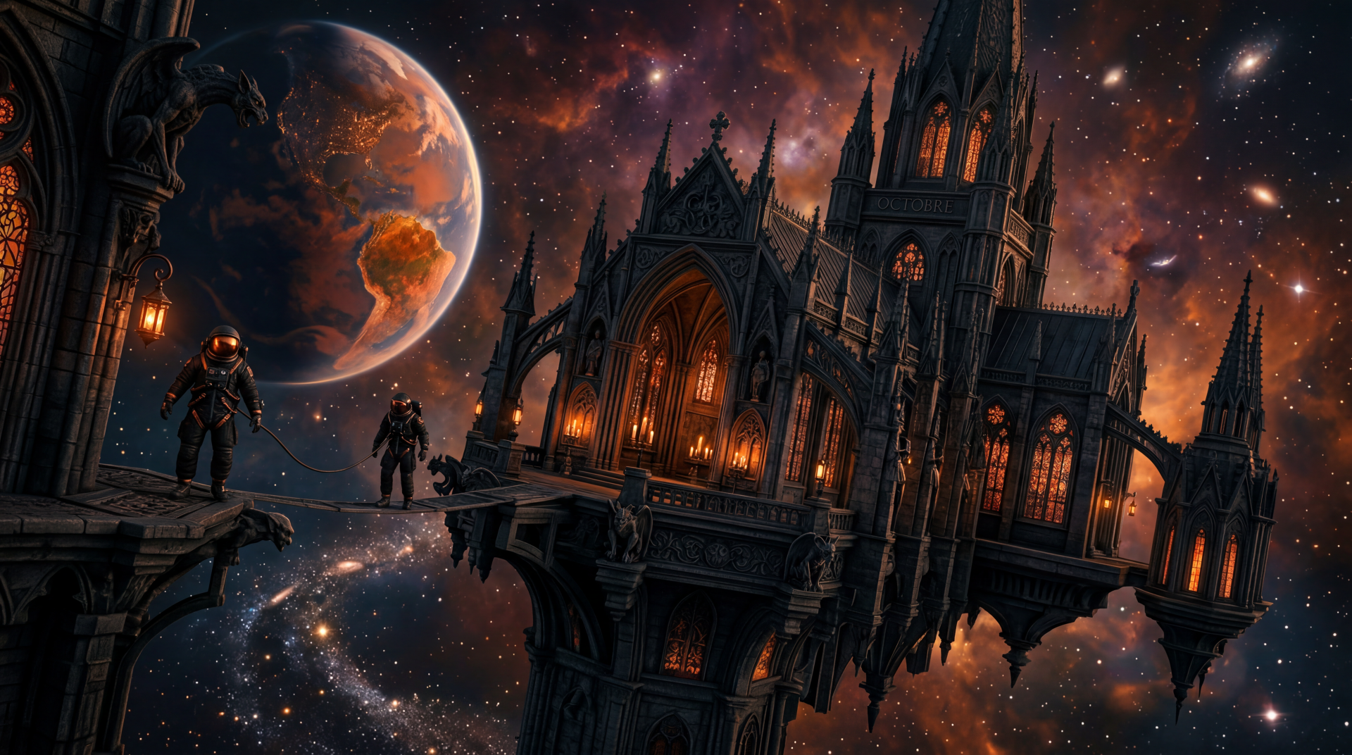 5K Ultra HD PC Desktop wallpaper and background: a glowing gothic cathedral suspended in space above a reflective void, armored figures on a broken skybridge, distant planet and starfield.
