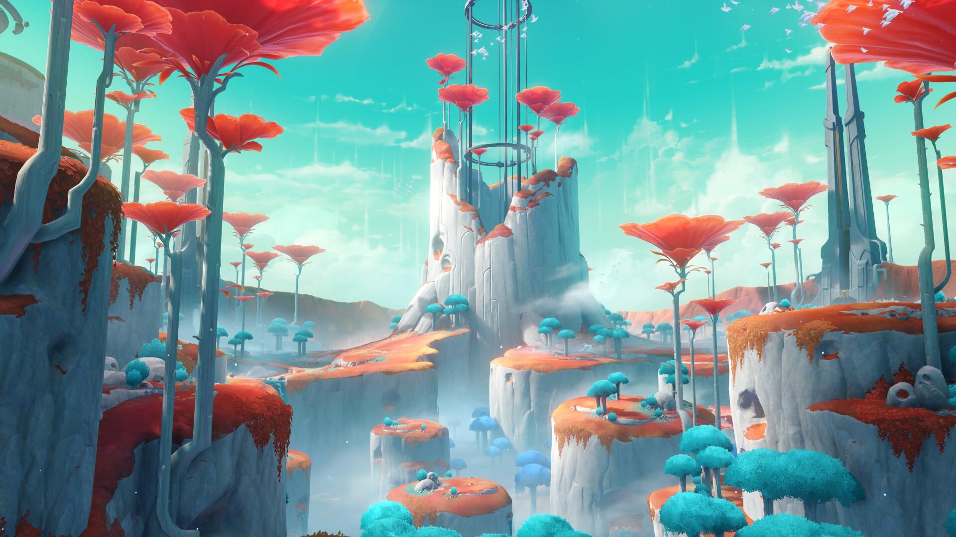 4K Ultra HD PC desktop wallpaper of Genshin Impact (Luna VIII): floating islands with coral-red trees, teal skies and towering stone spires — video game scene.