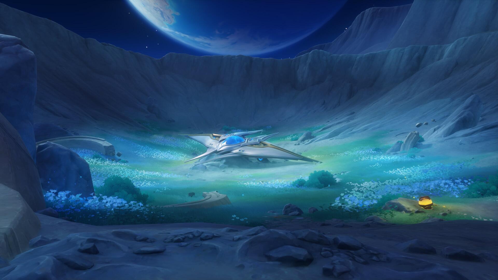 4K Ultra HD PC desktop wallpaper — Genshin Impact (video game) Luna VIII: a sleek spacecraft rests in a glowing crater under a giant blue planet, surrounded by luminescent flora.