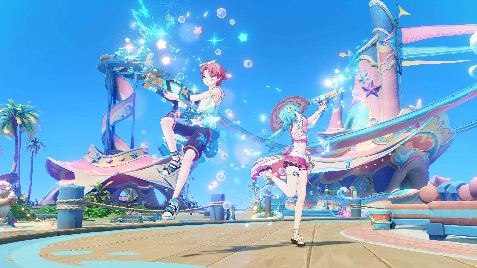 Video game Genshin Impact — Luna VIII 4K Ultra HD PC desktop wallpaper: two characters dancing on a pastel seaside festival stage, surrounded by magical sparkles under a bright blue sky.