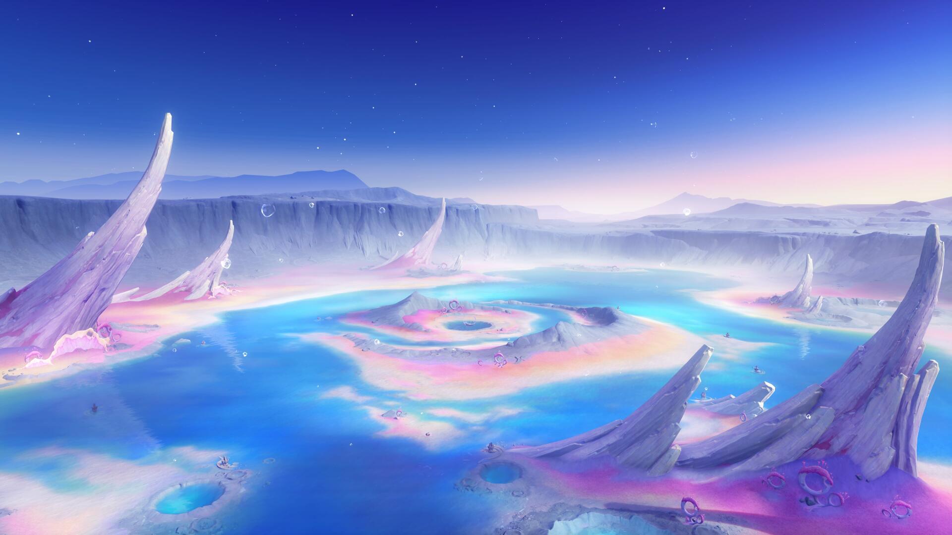 4K Ultra HD Genshin Impact Luna VIII PC desktop wallpaper: pastel crystalline frozen crater with a glowing circular pool, jagged ice spires and twilight sky — video game background.