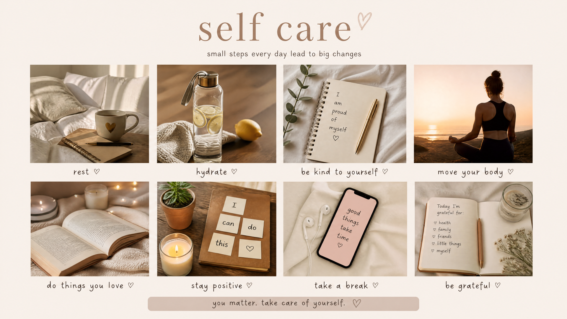 Self-care 4K Ultra HD PC desktop wallpaper and background: warm collage of cozy bed and tea, skincare, journals, sunset yoga, books, candles, affirmations and gentle daily prompts.