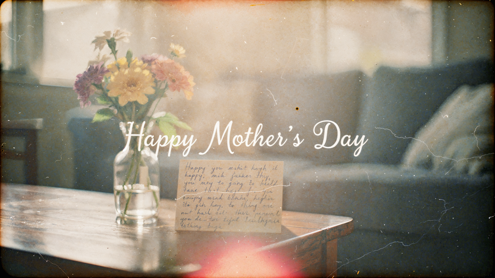 4K Ultra HD PC desktop wallpaper: warm, softly lit scene of flowers in a vase and a handwritten note on a wooden table with a blurred sofa background, overlaid text Happy Mother's Day.