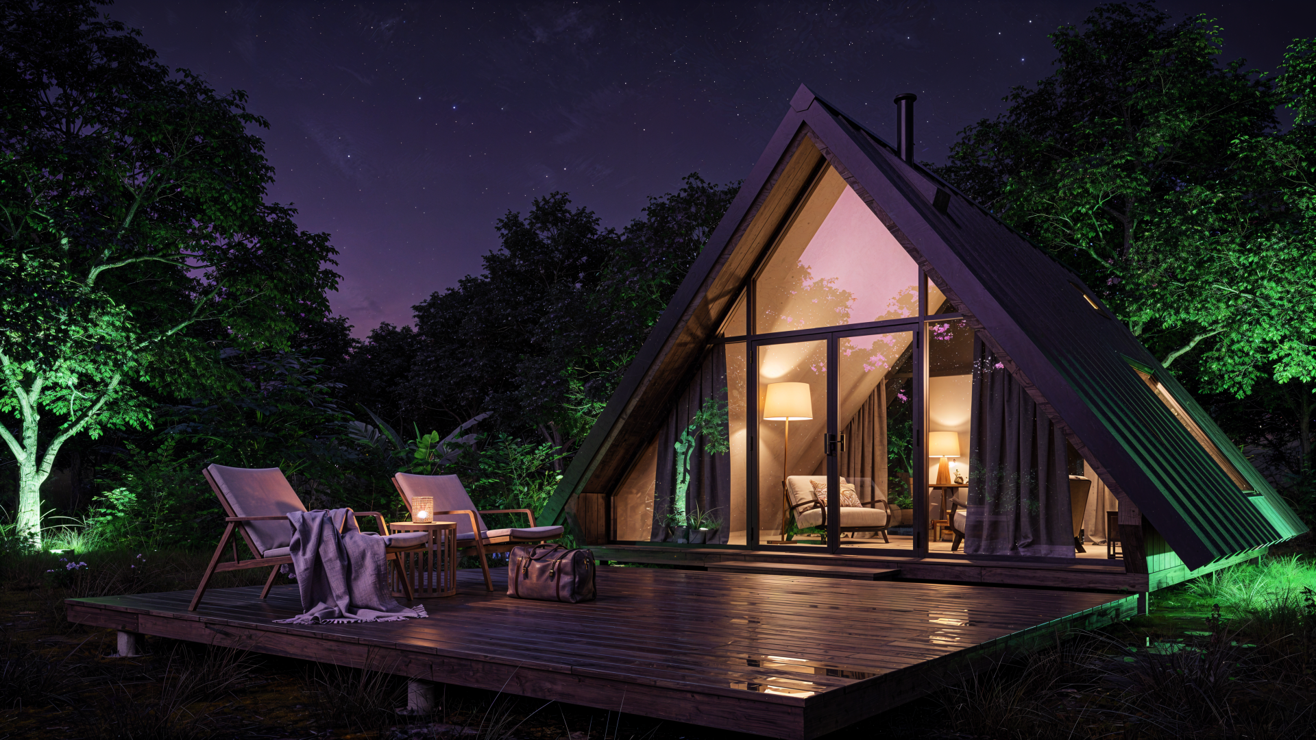 Nighttime A-frame cabin with warm interior lights, deck chairs and fire pit on a wooden platform by the trees—weekend getaway 4K Ultra HD PC desktop wallpaper and background.