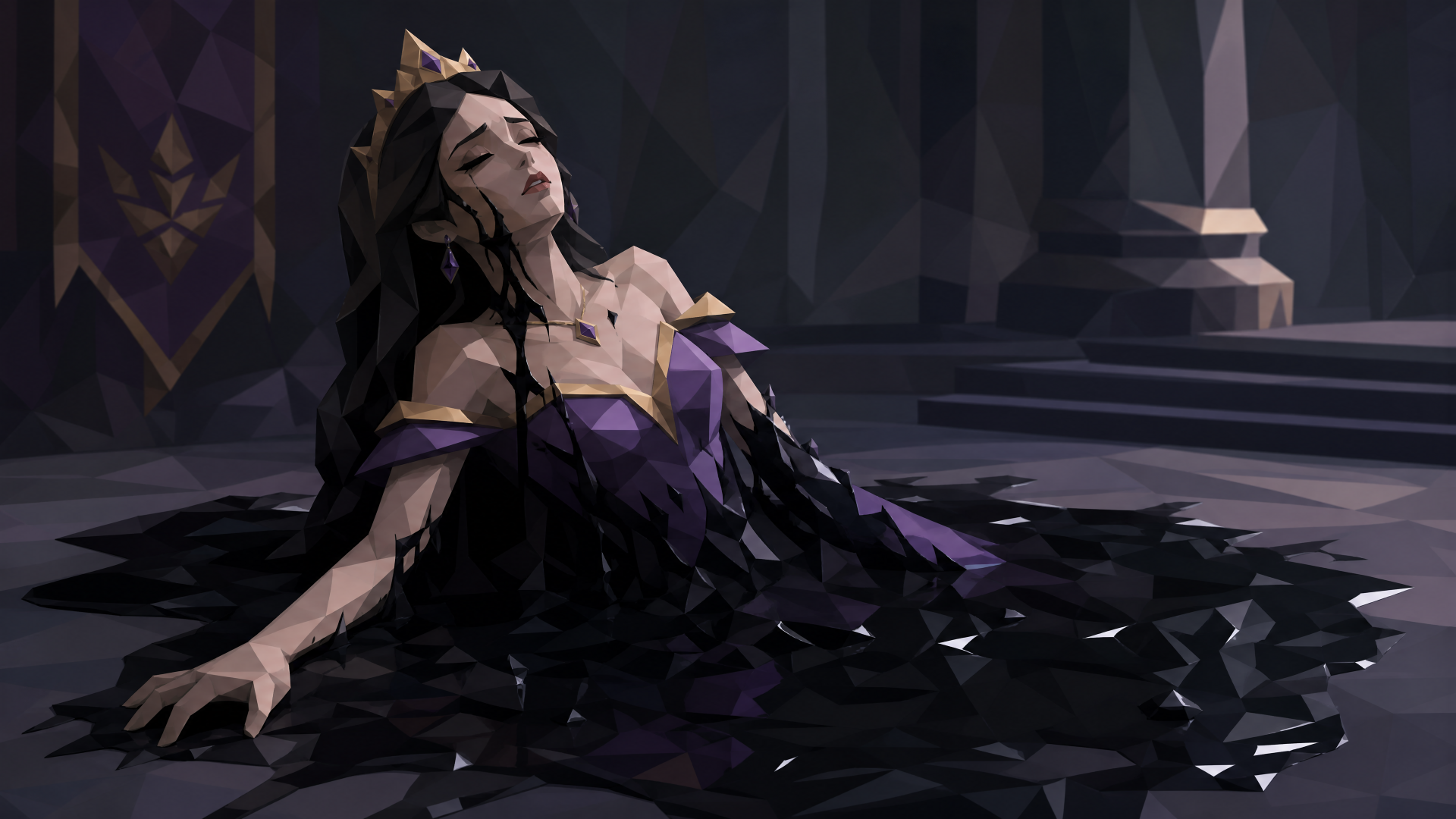 4K Ultra HD PC Desktop Wallpaper and Background: stylized queen in a purple gown sinking into black crystalline shards across a dim, moody throne room.