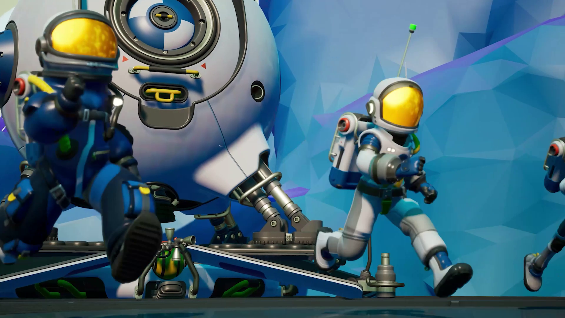 HD PC desktop wallpaper from the video game Starseeker: Astroneer Expeditions showing two astronauts in colorful suits running past a large probe/ship against a low-poly blue planetary backdrop