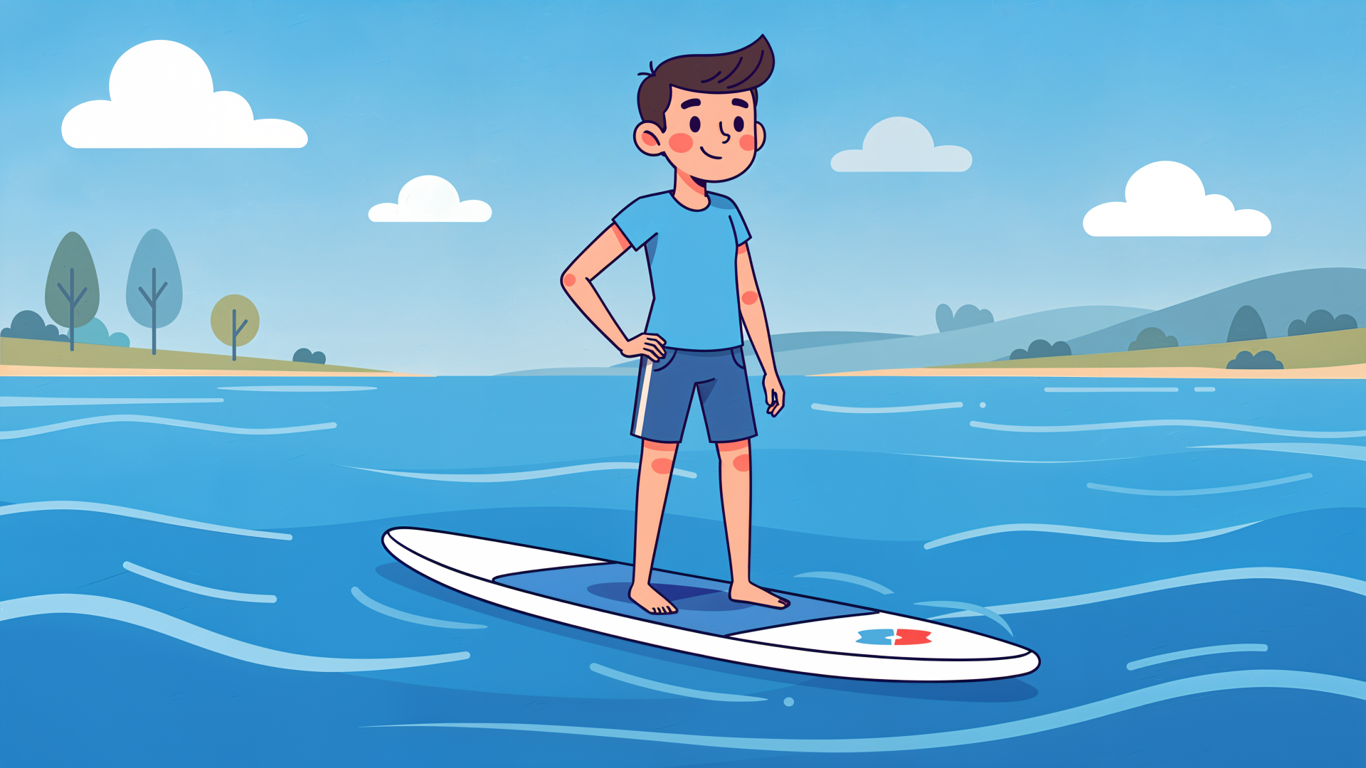 4K Ultra HD PC desktop wallpaper and background: cartoon young man standing on a paddle board on calm blue water with distant shore and clouds.