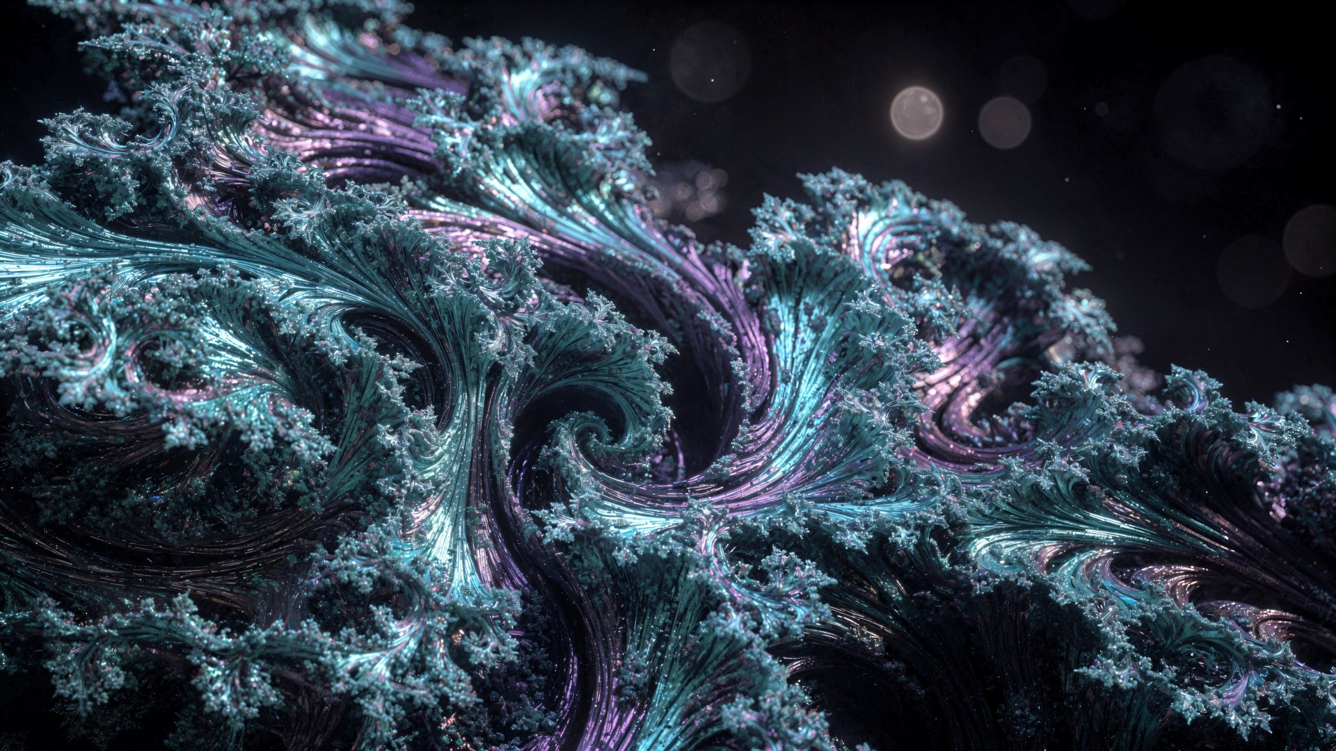 4K Ultra HD PC desktop wallpaper: swirling teal and purple Julia Set fractal with intricate tendrils and soft bokeh highlights on a dark background.