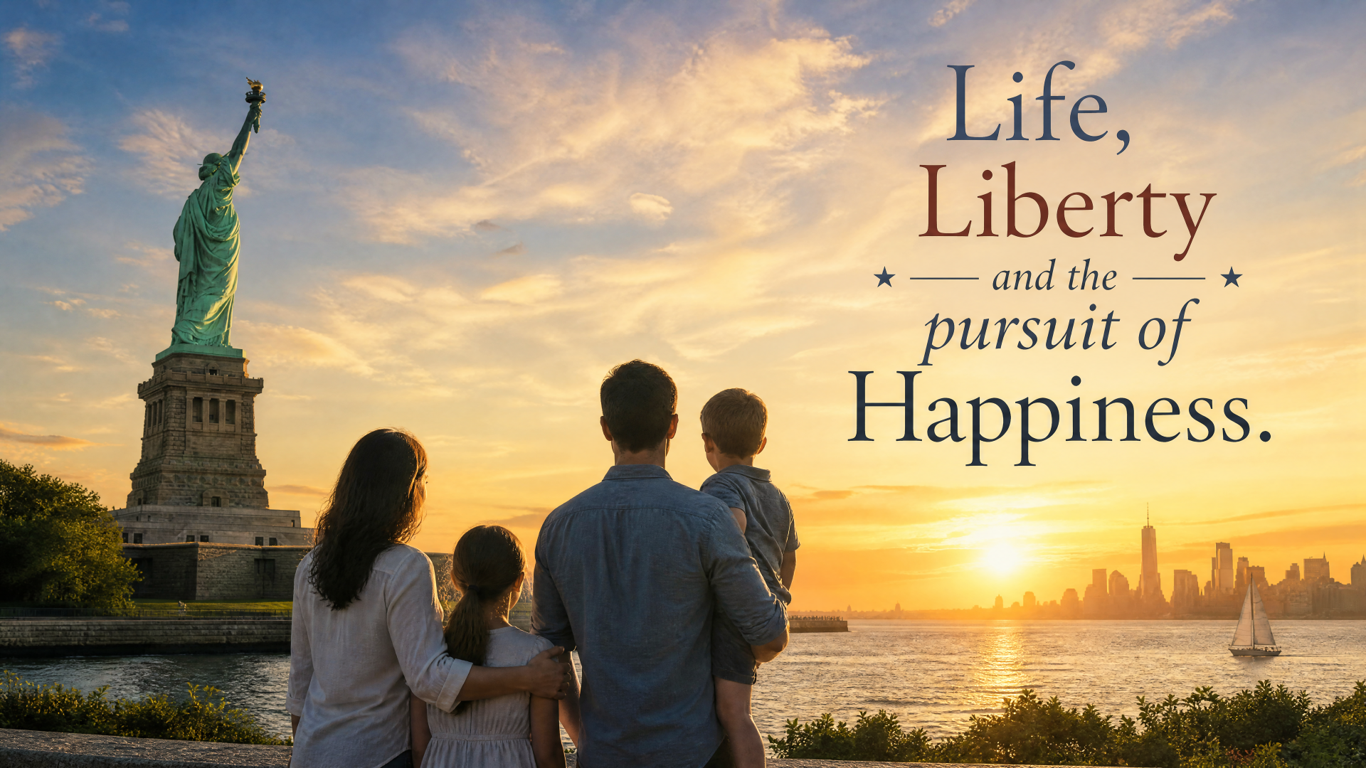 4K Ultra HD PC desktop wallpaper: a family gazes at the Statue of Liberty at sunset, NYC skyline ahead, with the words Life, Liberty and the pursuit of Happiness.