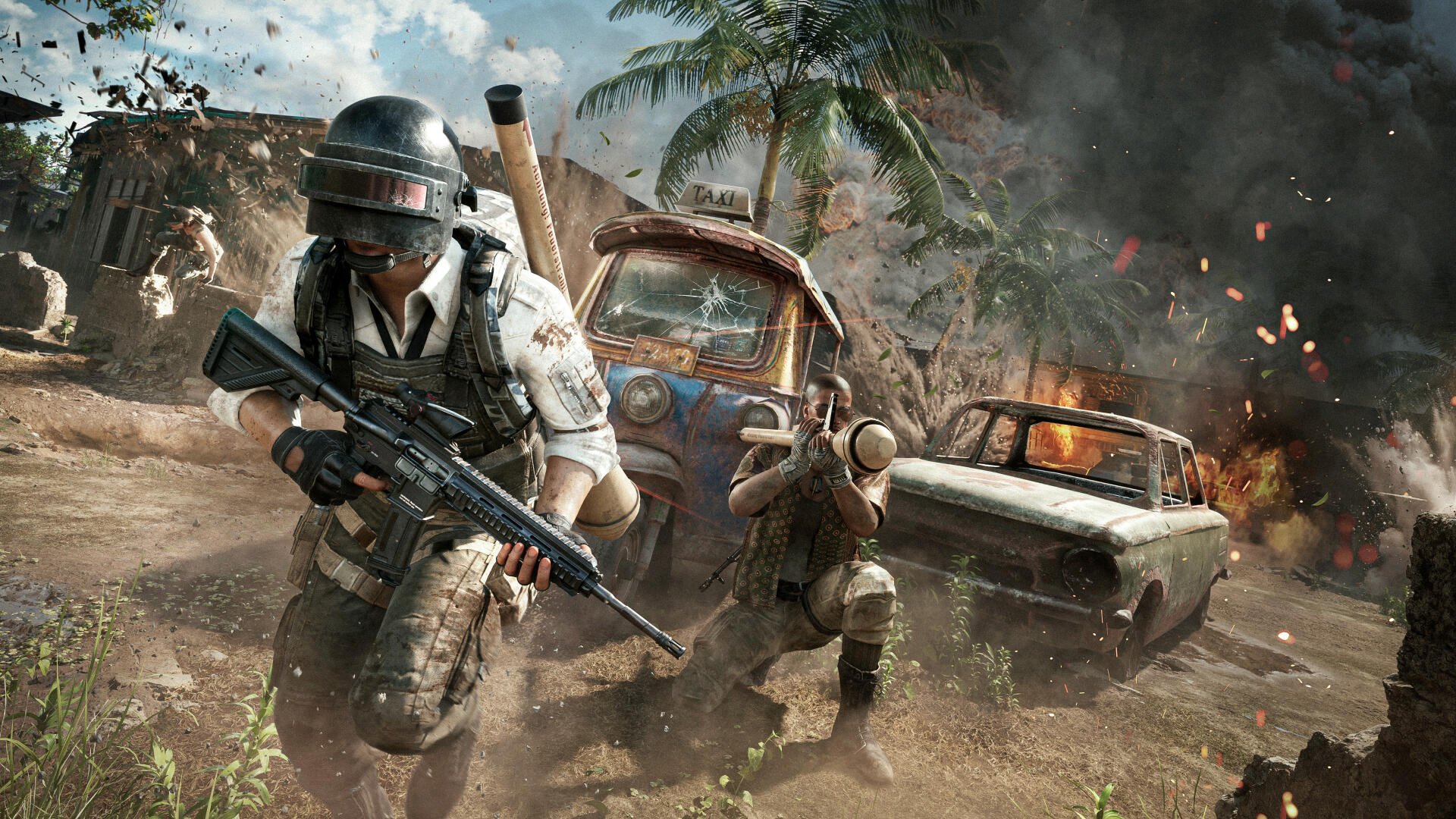 PlayerUnknown's Battlegrounds video game action: armed soldiers sprint amid burning cars, smoke and palm trees on a tropical battleground — 4K Ultra HD PC desktop wallpaper/background.