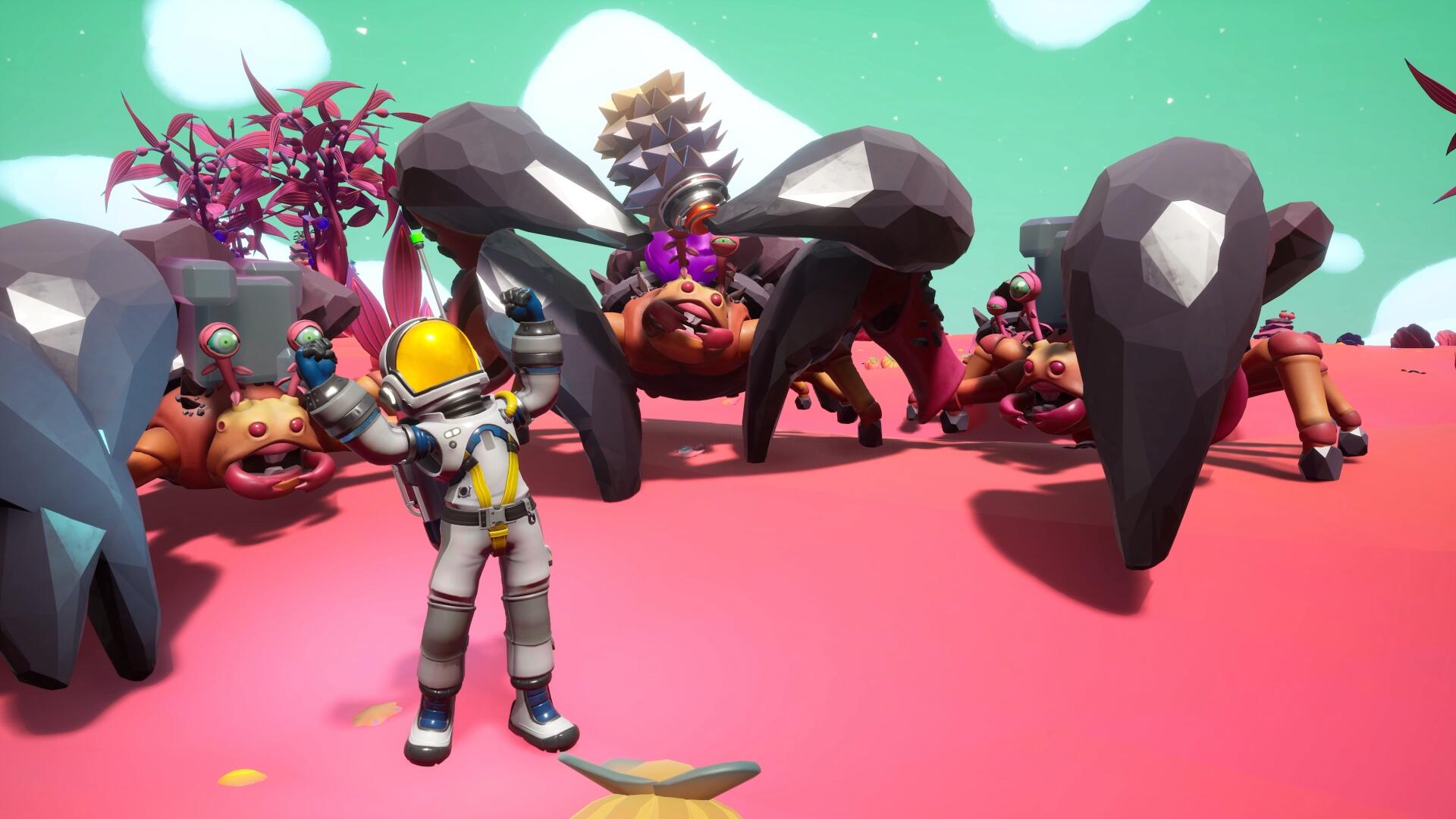 4K Ultra HD PC desktop wallpaper of the video game Starseeker: Astroneer Expeditions — astronaut in a white suit poses amid giant crab-like alien creatures on a pink extraterrestrial plain.
