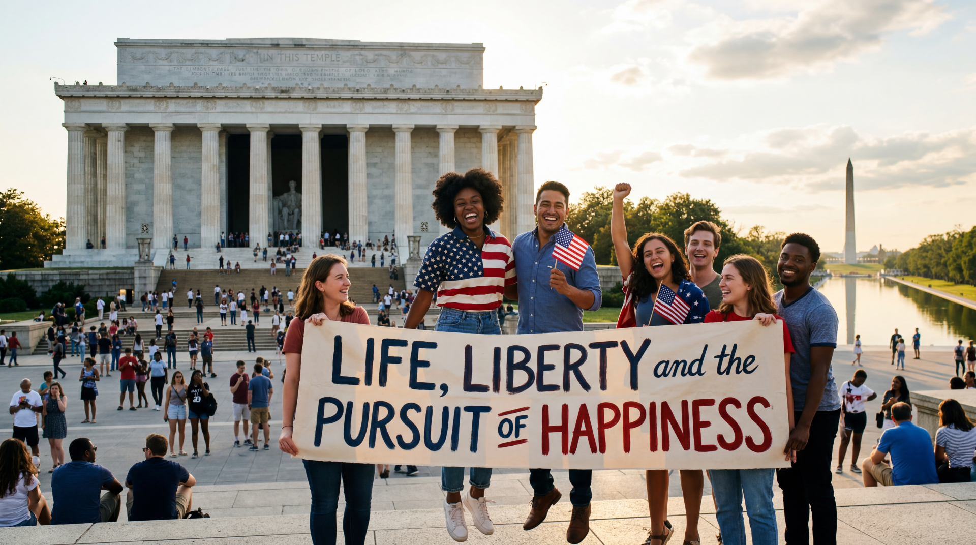 5K Ultra HD desktop wallpaper: diverse group at the Lincoln Memorial waving flags, holding a banner reading LIFE, LIBERTY and the PURSUIT of HAPPINESS.