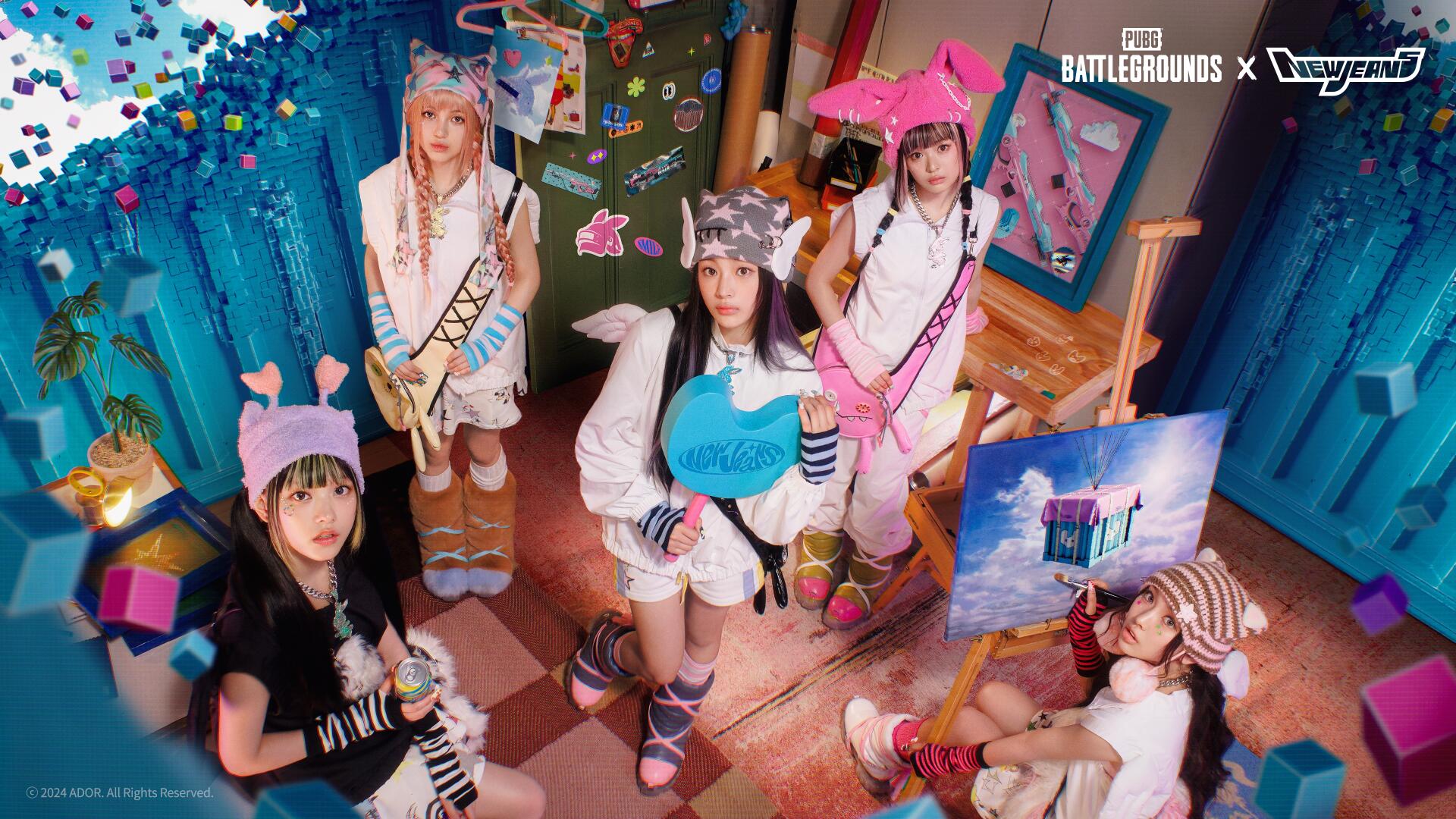 4K Ultra HD PC desktop wallpaper/background: Playerunknown's Battlegrounds video game crossover showing five cosplayers in a pastel, toy-like room holding game-themed props and weapons.