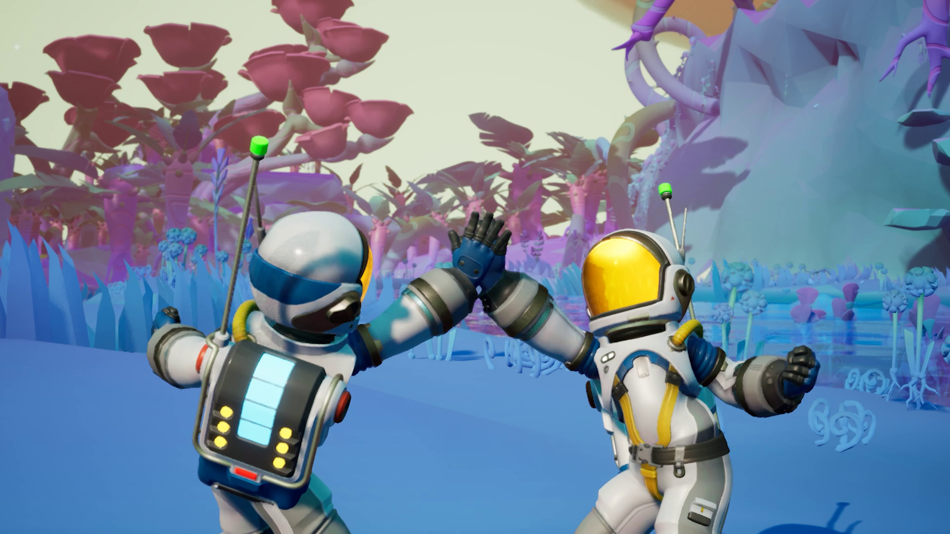 HD PC desktop wallpaper/background from the video game Starseeker: Astroneer Expeditions — two astronauts in colorful suits high-five amid a pink-purple alien forest.