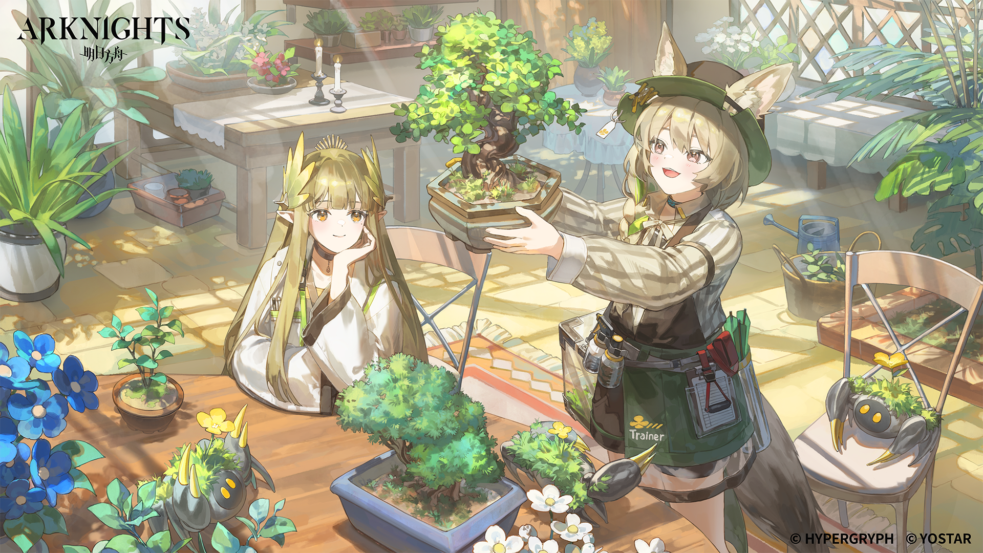 HD PC desktop wallpaper from video game Arknights: two characters in a sunlit greenhouse arranging bonsai and potted plants, warm light and a cozy botanical studio atmosphere.