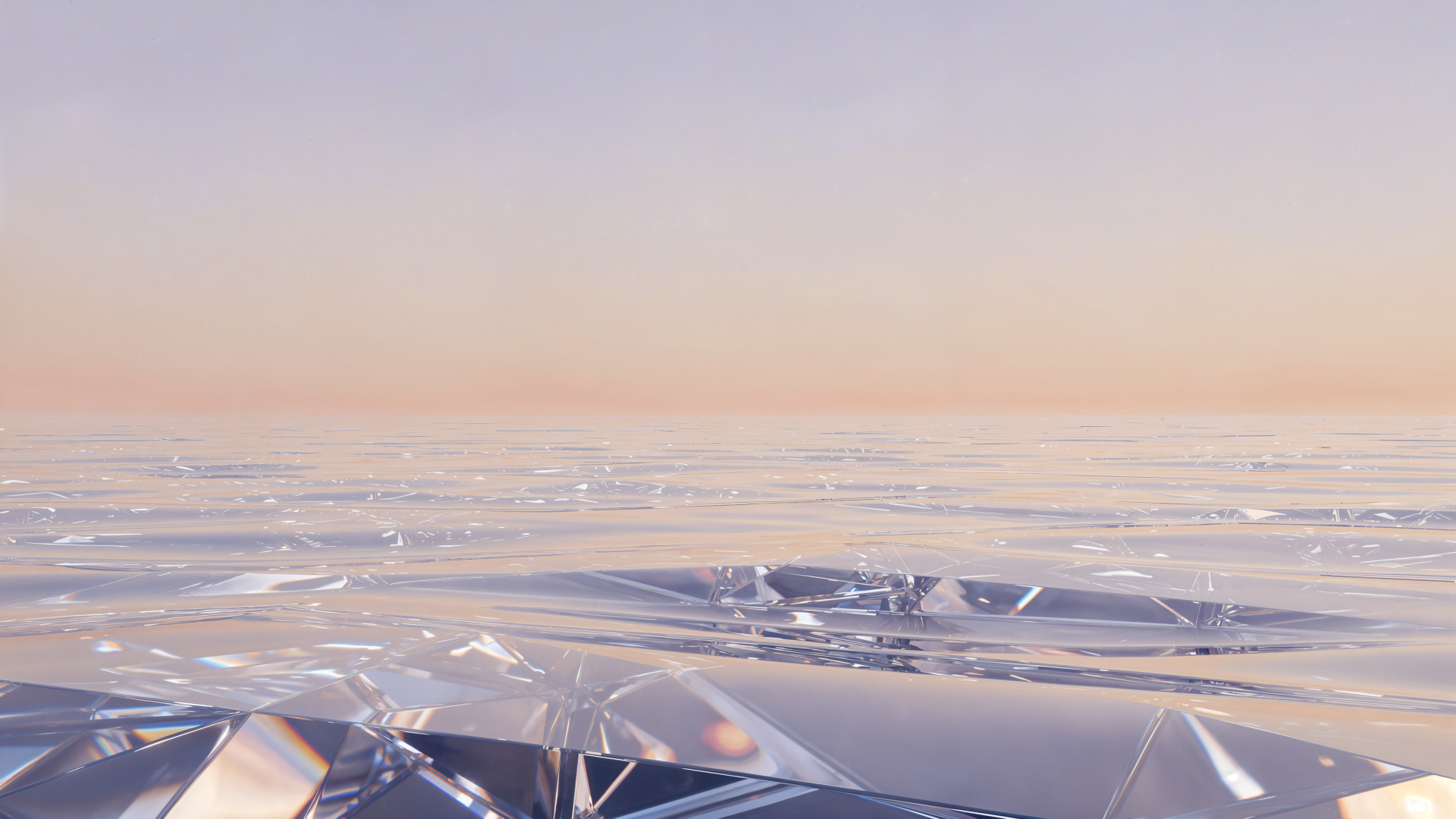 4K Ultra HD PC desktop wallpaper and background: reflective crystalline shards scattered across a glassy plane under a soft pastel sunrise sky.