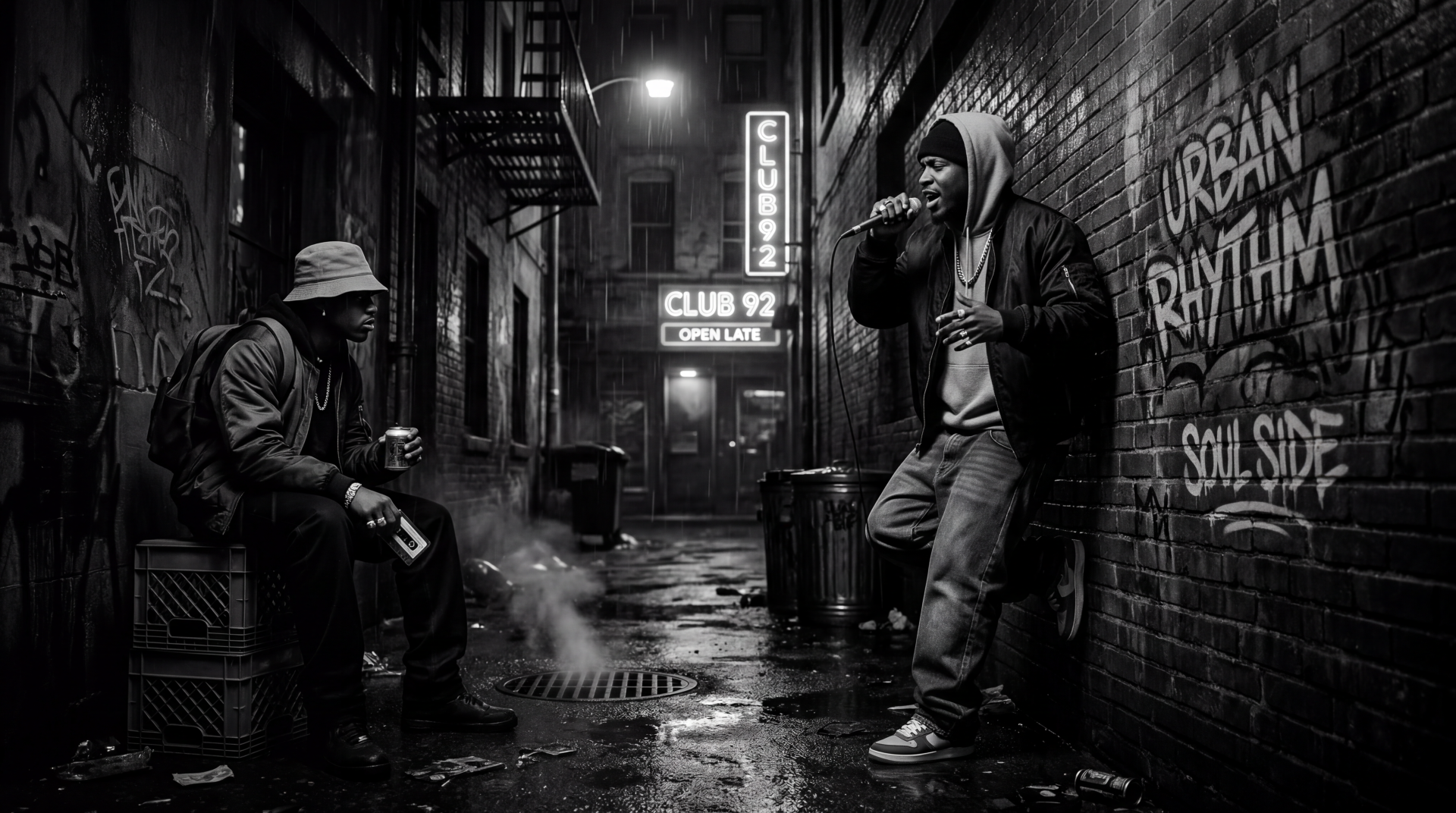 Hip Hop 5K Ultra HD PC desktop wallpaper and background — black-and-white alley scene with two rappers, graffiti reading Urban Rhythm / Soul Side and a neon Club 92 sign
