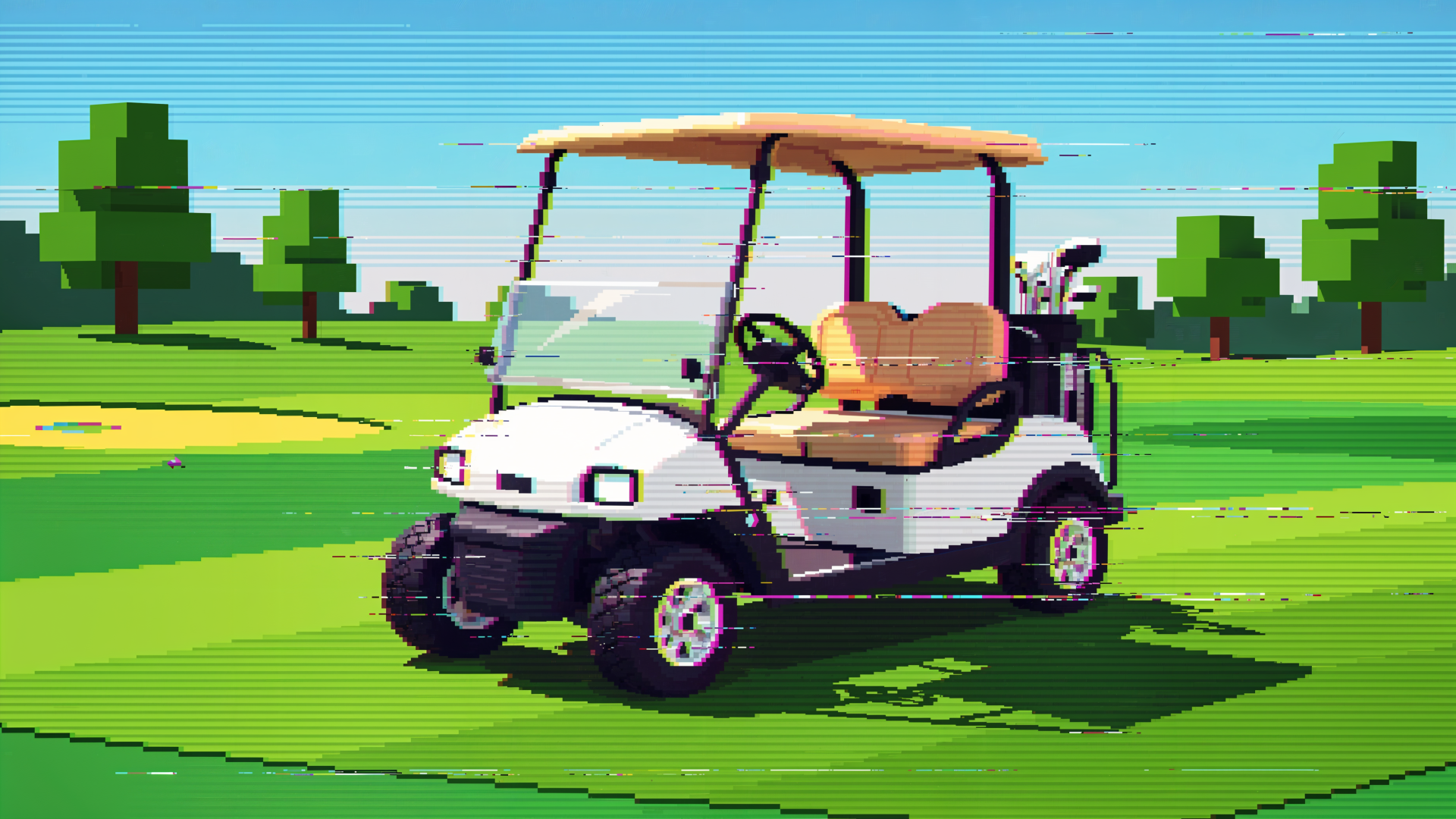 Pixel-style golf cart parked on a sunlit green fairway with trees and blue sky — 4K Ultra HD PC desktop wallpaper and background.