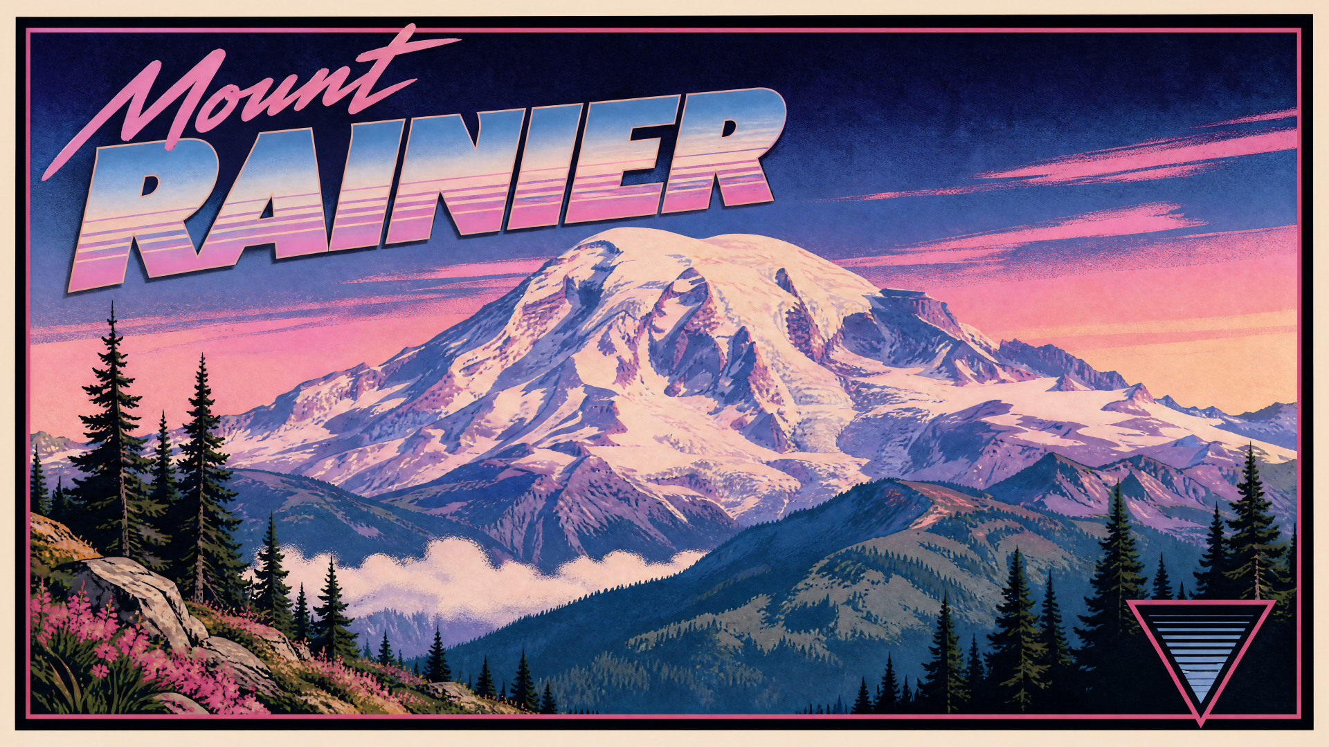 Retro-style 4K Ultra HD PC desktop wallpaper of Mount Rainier at sunset: snow-capped peak above forested ridges, pink and purple sky and stylized typography.