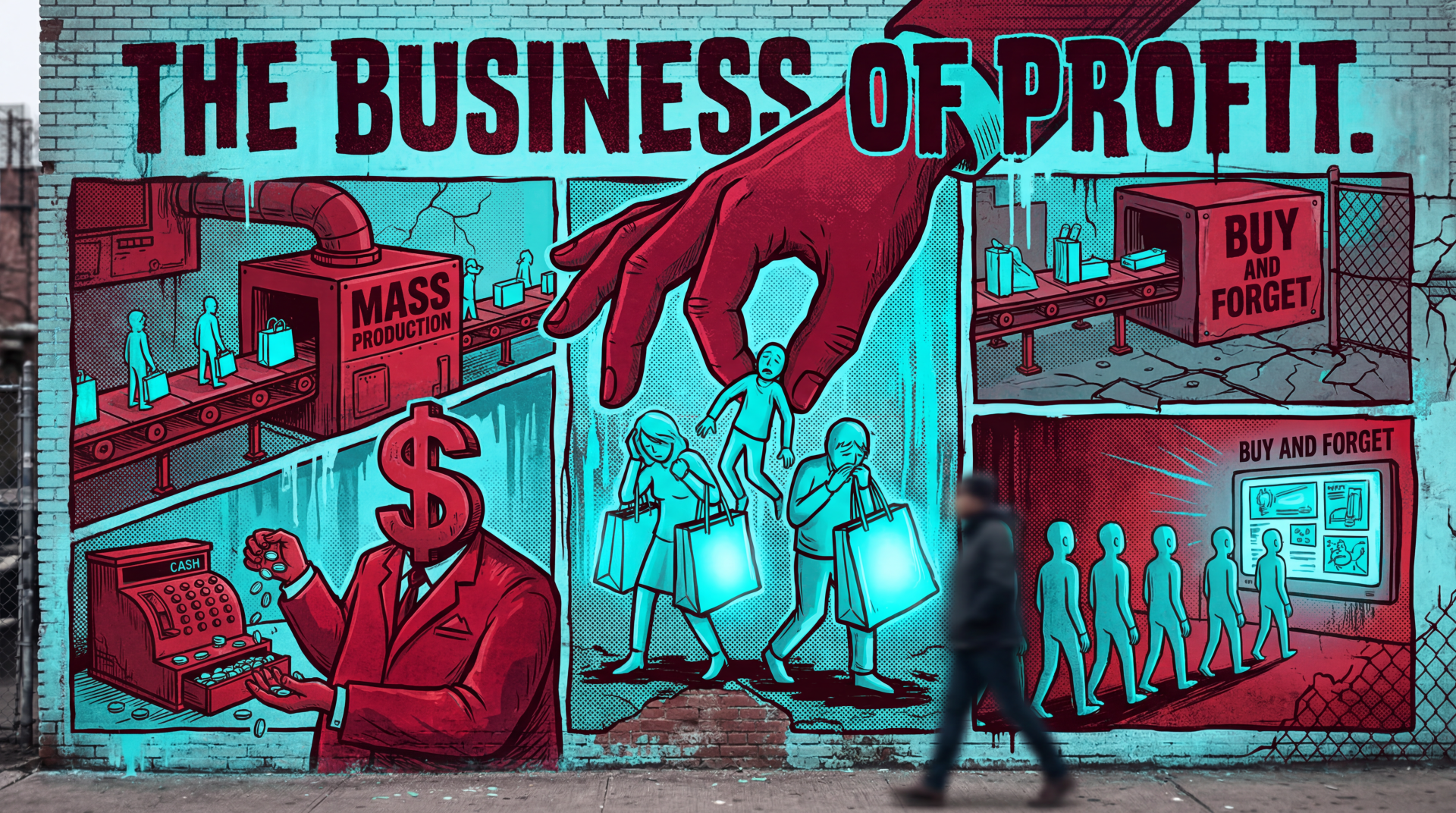 5K Ultra HD PC desktop wallpaper: stylized mural THE BUSINESS OF PROFIT with dollar-headed boss and giant hand puppeteering shoppers among BUY AND FORGET shelves — commercial exploitation.