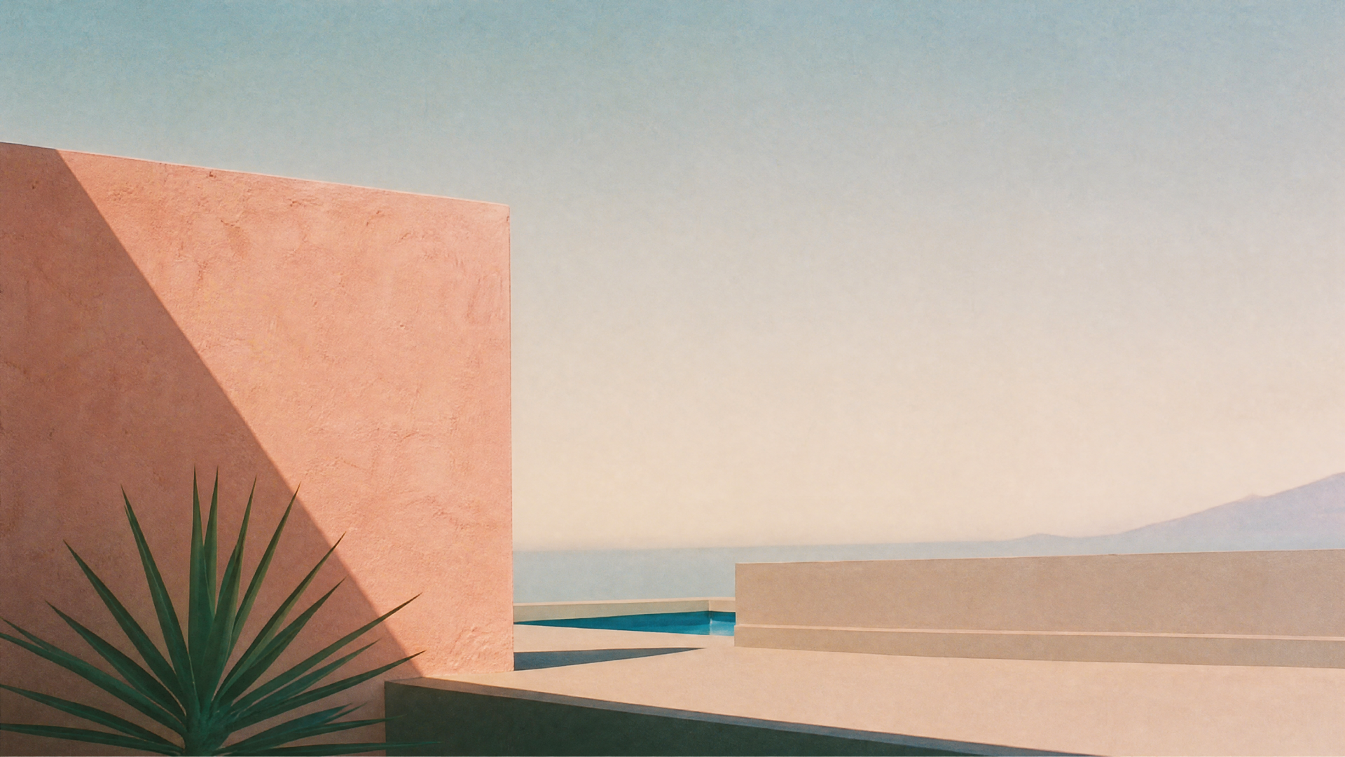 Minimal pastel coastal terrace with stucco walls, palm frond and infinity pool leading to calm sea under soft sky — 4K Ultra HD PC desktop wallpaper and background.