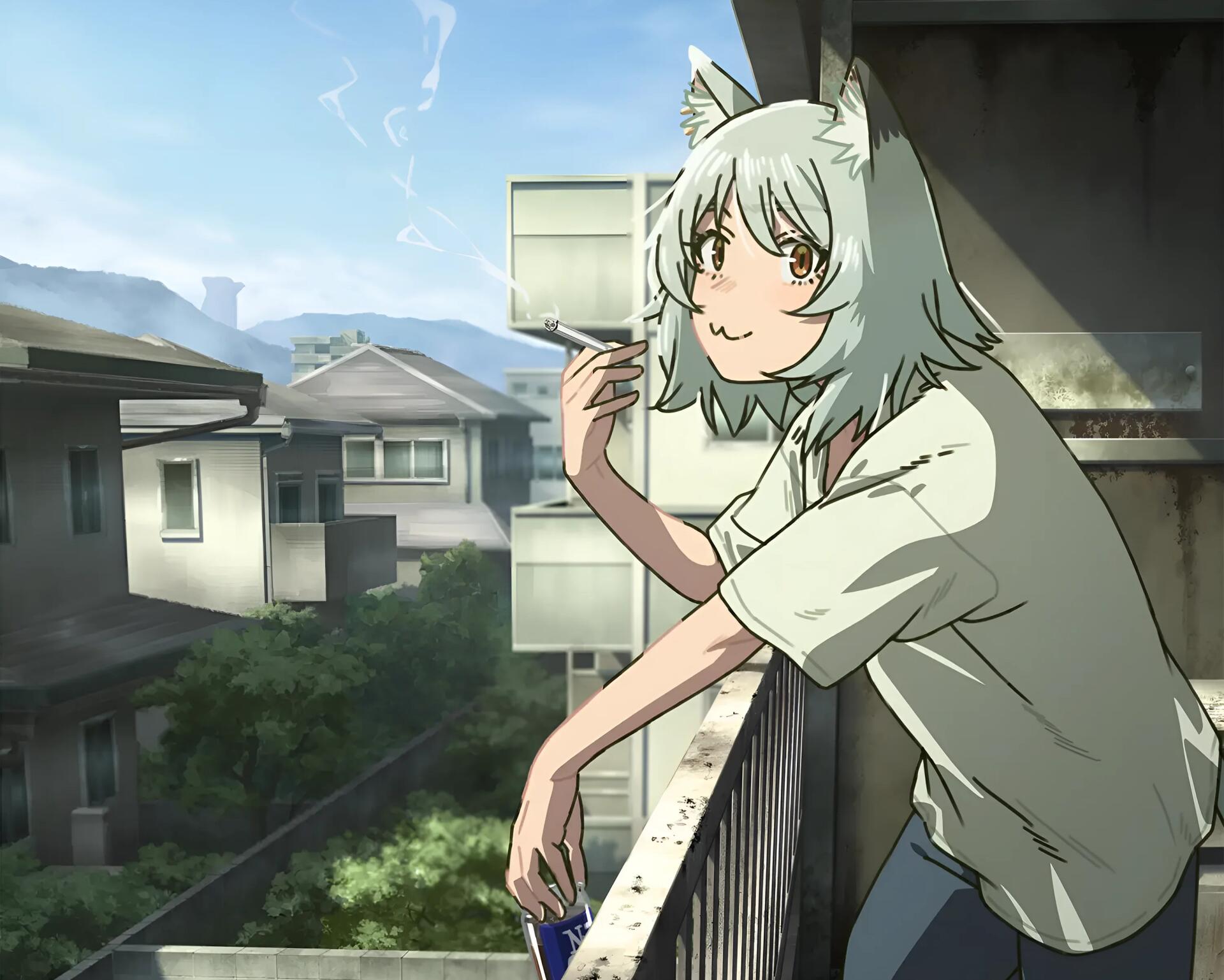 Anime-style Chainsmoker Cat by Yaniko Satou: a cat-eared character smokes on a balcony overlooking suburban rooftops — 2K Quad HD PC desktop wallpaper