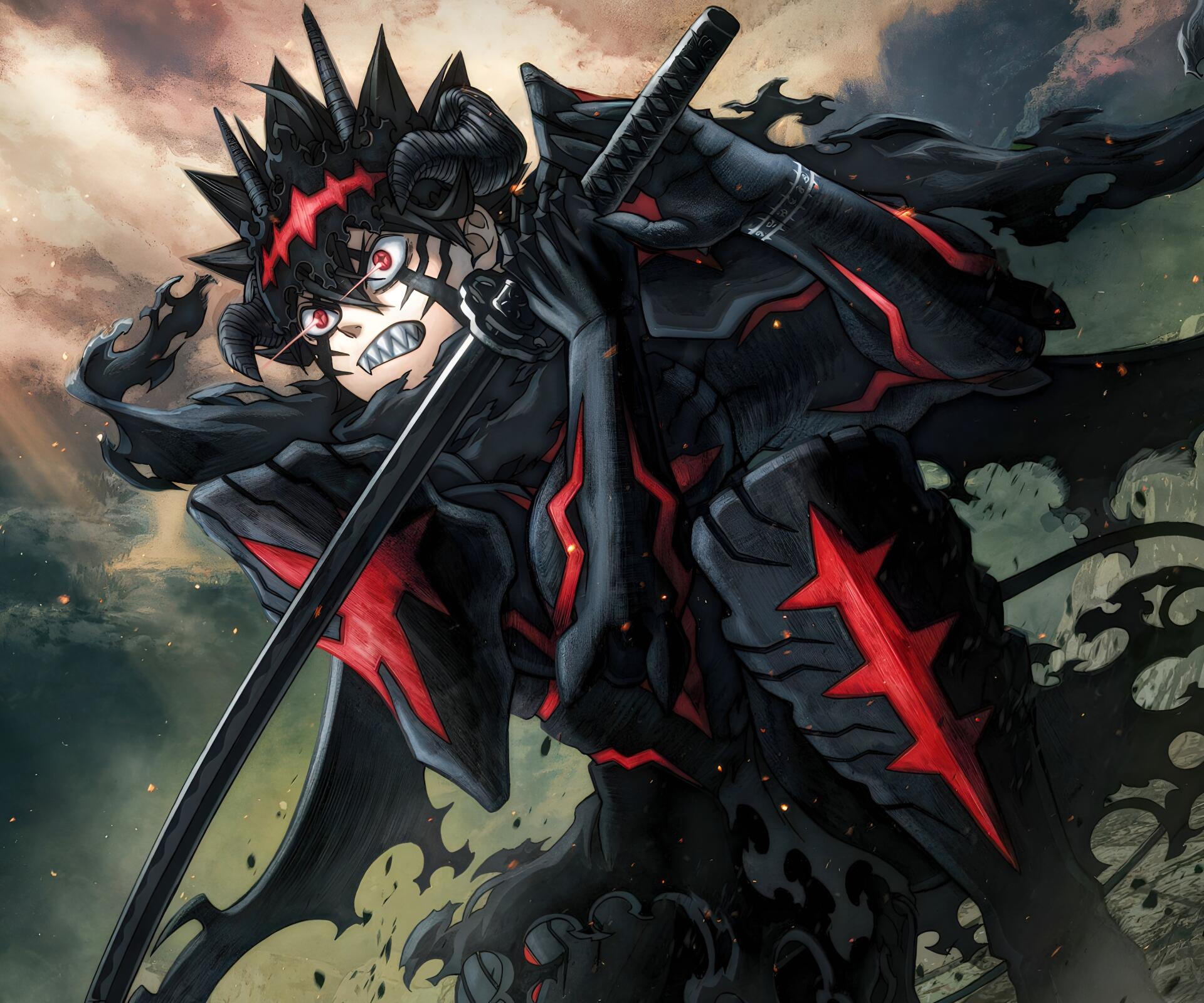2K Quad HD PC desktop wallpaper of Anime Black Clover's Asta in anti-magic black armor, snarling and brandishing his sword amid a dark, stormy battle background.