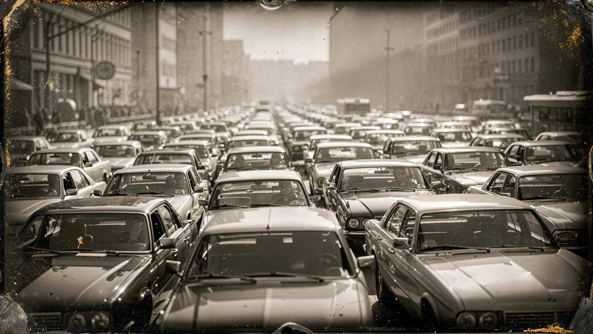 4K Ultra HD PC desktop wallpaper showing a sepia-toned urban traffic jam, rows of cars filling multiple lanes as the city street fades into the distance.