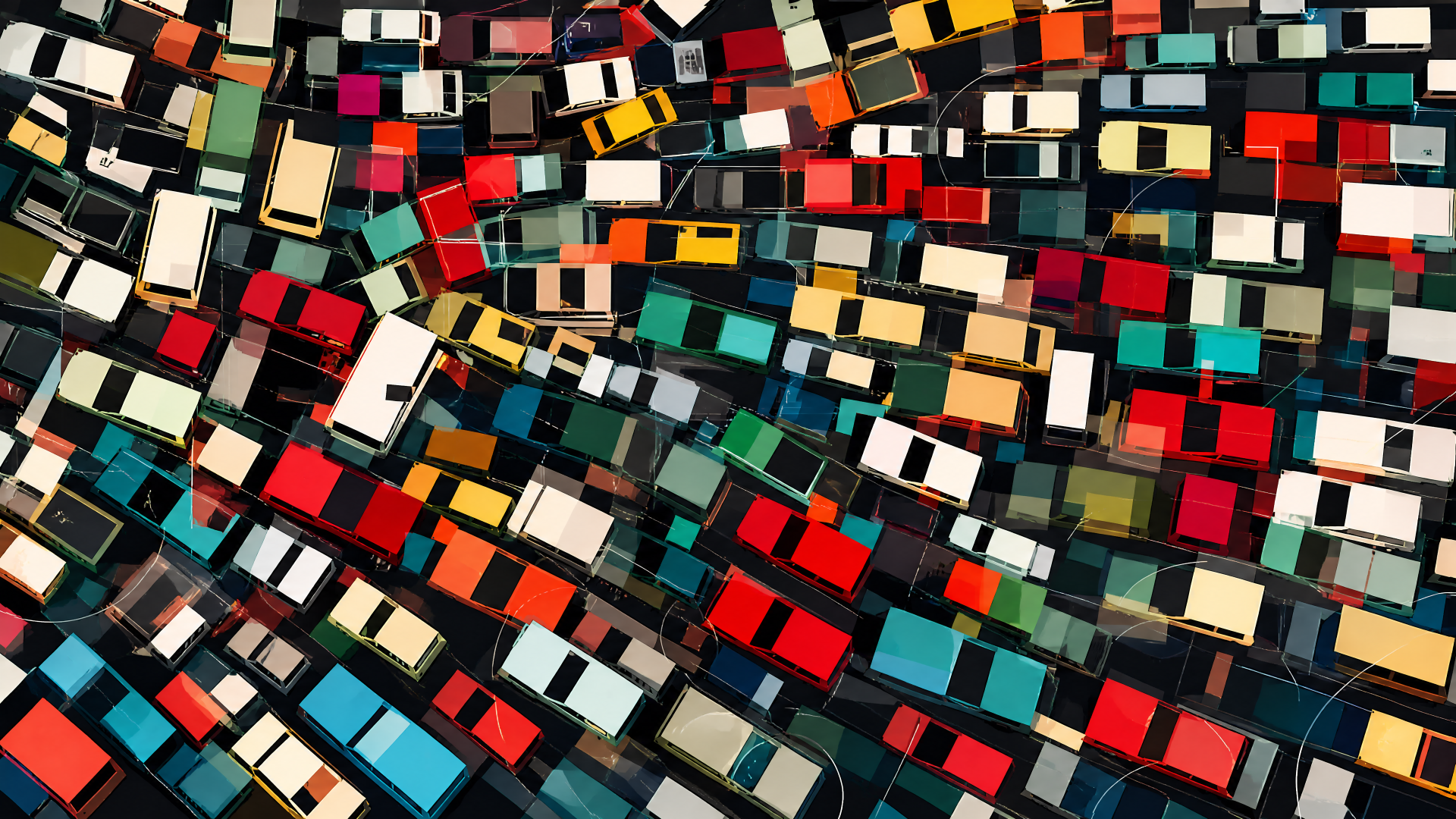 4K Ultra HD PC desktop wallpaper and background showing a traffic jam: aerial, mosaic-like pattern of densely packed, multicolored cars.