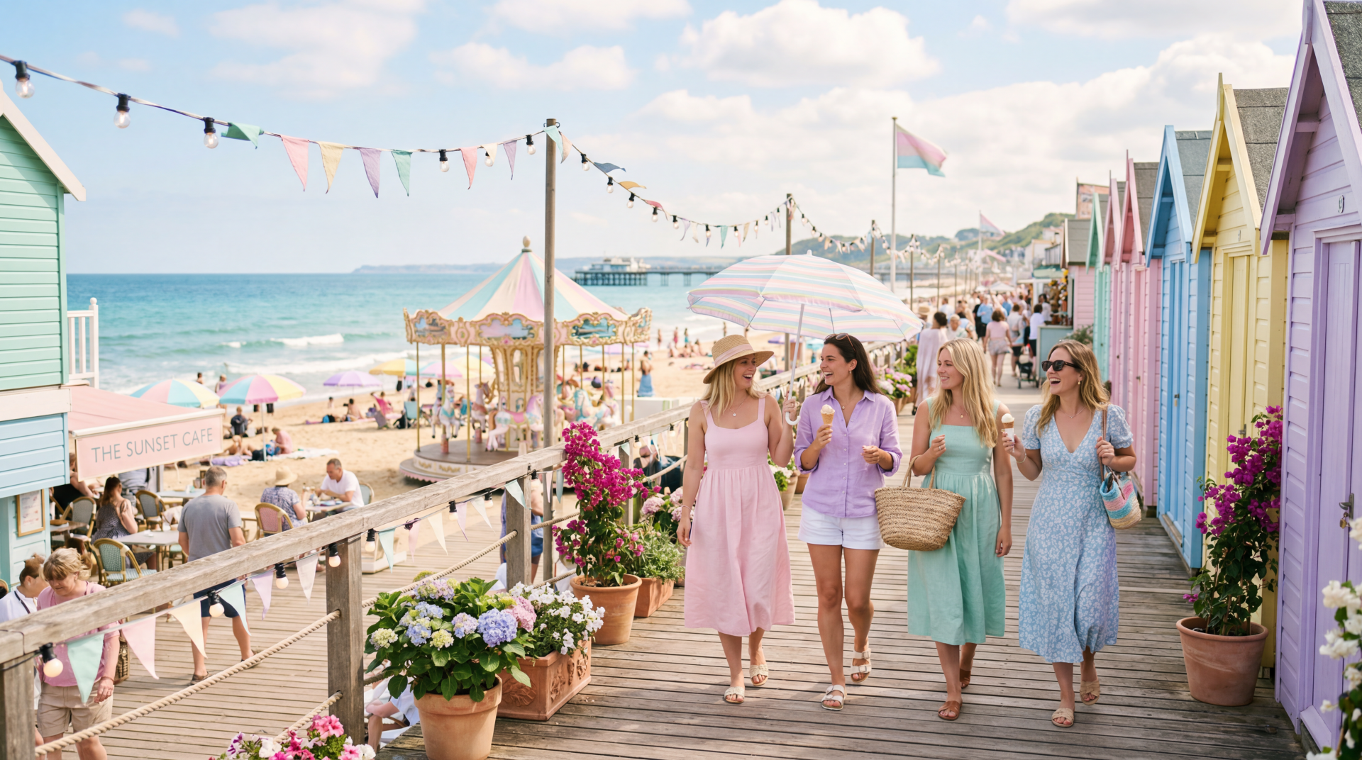 Pastel summer beach scene: four friends in light dresses walk a flower-lined boardwalk by pastel beach huts, carousel and ocean under bunting — 5K Ultra HD PC desktop wallpaper and background.