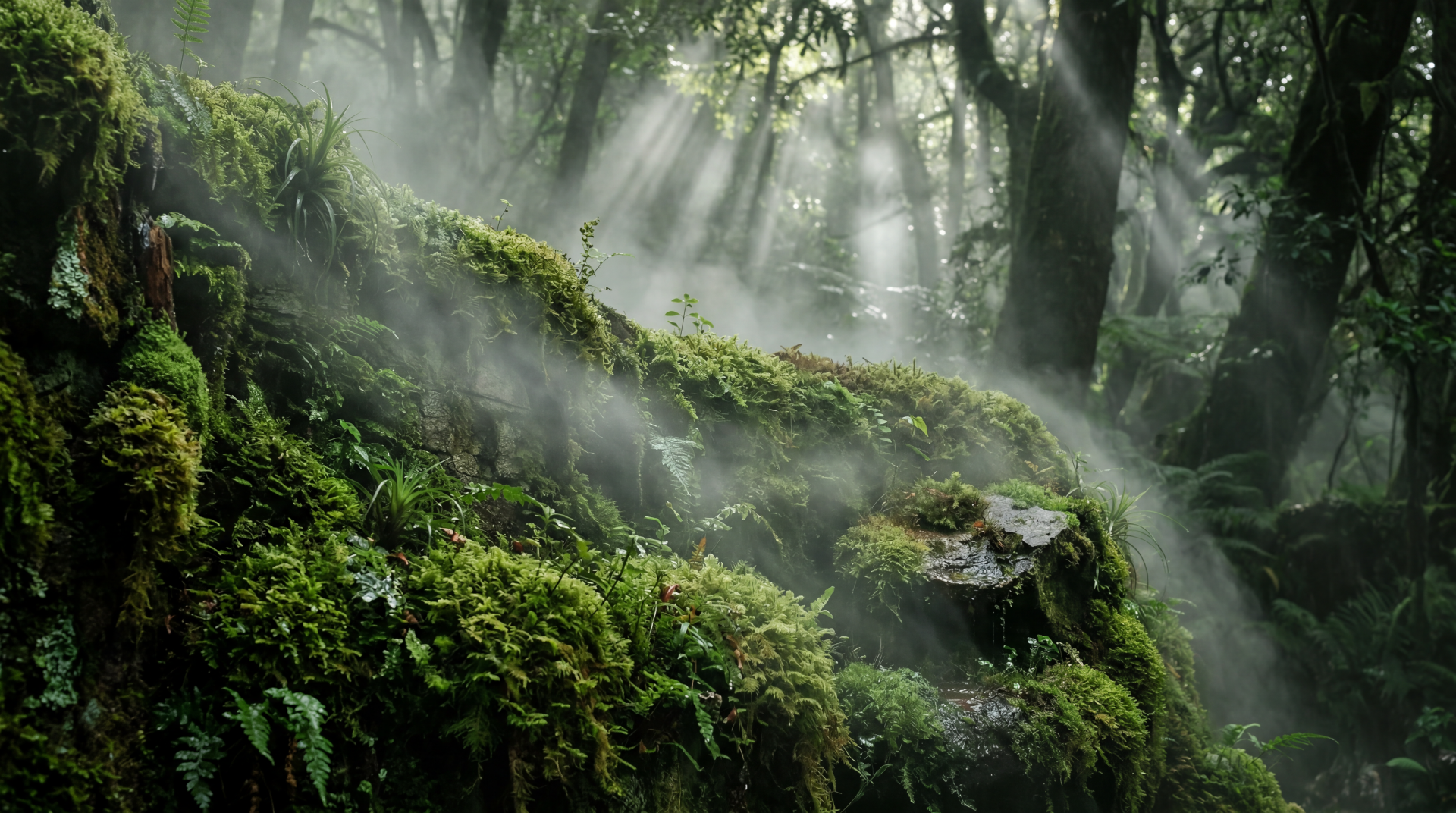 Moss wall in a misty forest with sunbeams piercing the canopy and lush green textures — 5K Ultra HD PC desktop wallpaper and background.