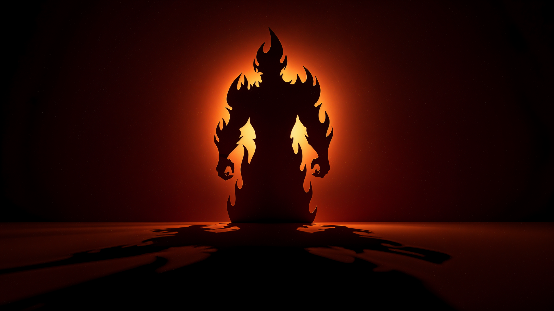 4K Ultra HD PC desktop wallpaper of a fire elemental silhouette backlit by a blazing orange glow, flames licking its form and casting a long shadow on a flat surface.