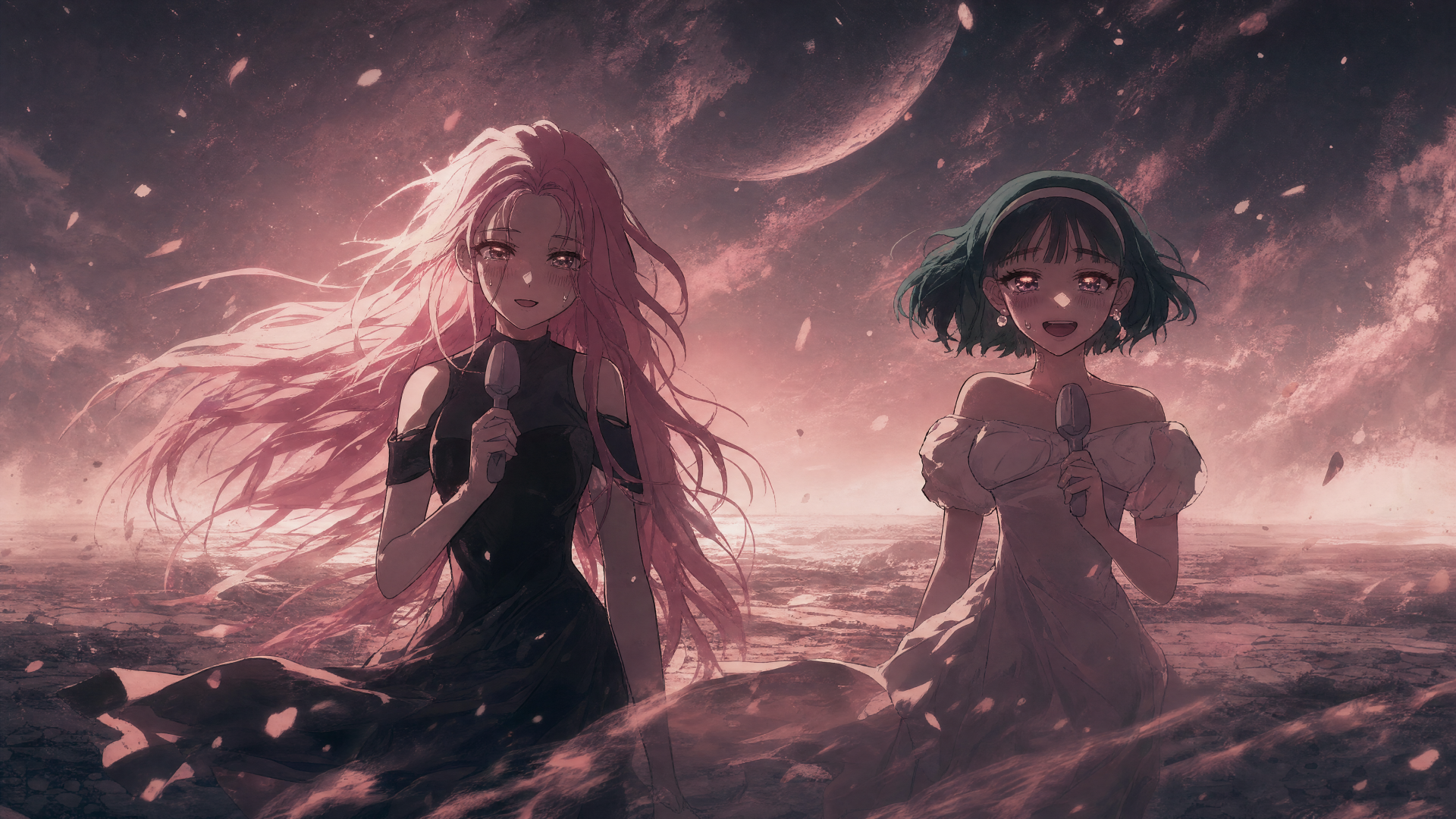 Alien Stage — 4K Ultra HD PC Desktop Wallpaper and Background: two anime girls stand on a luminous alien shore beneath moons and a pink-purple sky, petals drifting over a surreal sea.