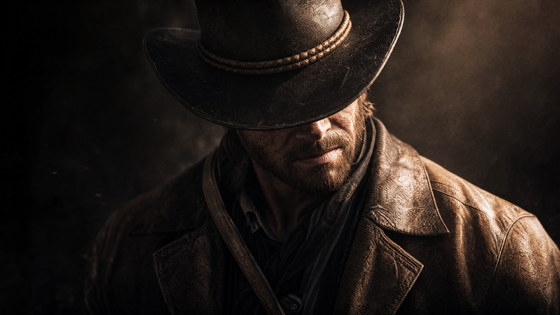 Arthur Morgan in a shadowed close-up, brimmed hat low and weathered leather coat, dramatic lighting — 4K Ultra HD PC desktop wallpaper and background.