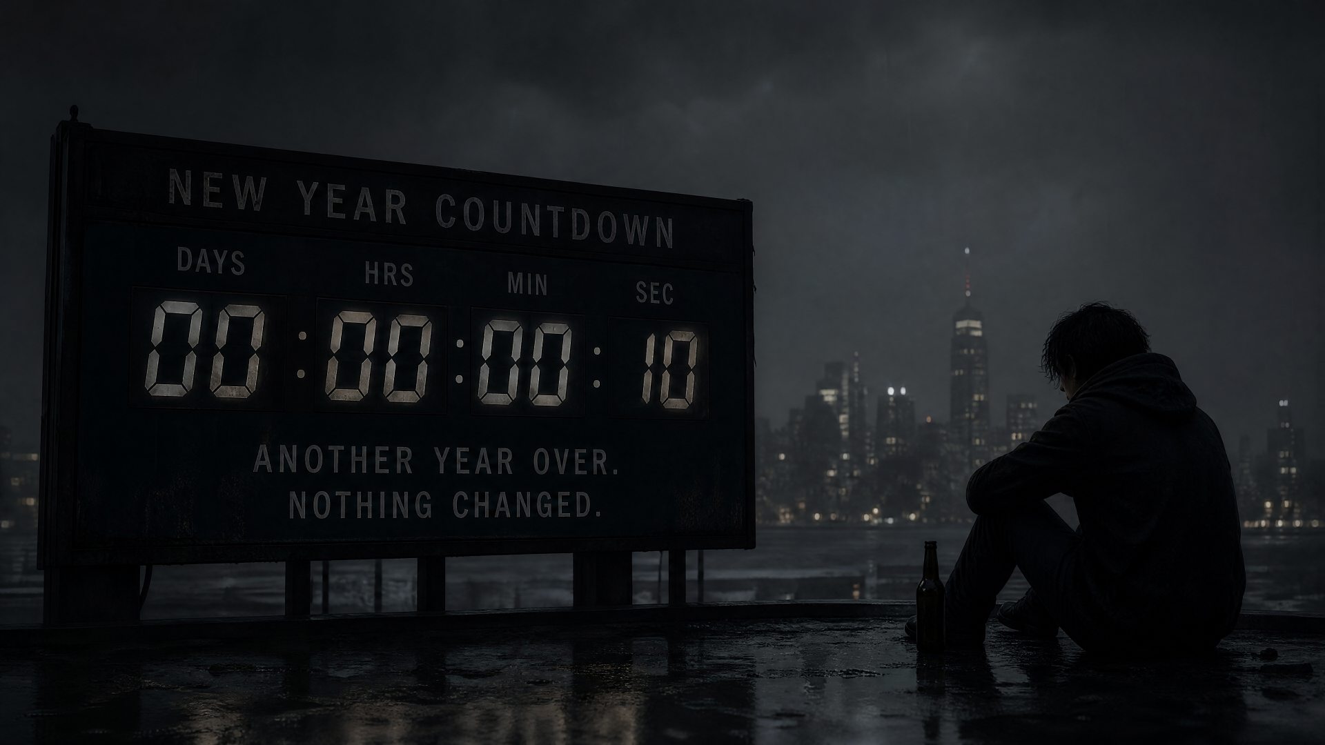 4K Ultra HD PC desktop wallpaper and background: moody rooftop at night with a New Year countdown billboard showing 00:00:00:10 and a lone silhouetted figure overlooking the wet city.