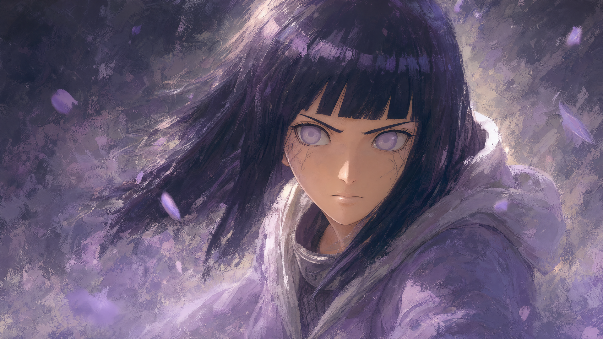 Hinata Hyuga portrait in soft purple hues, Byakugan eyes glowing, wind-swept hair and cloak, ethereal mist — 4K Ultra HD PC desktop wallpaper background.