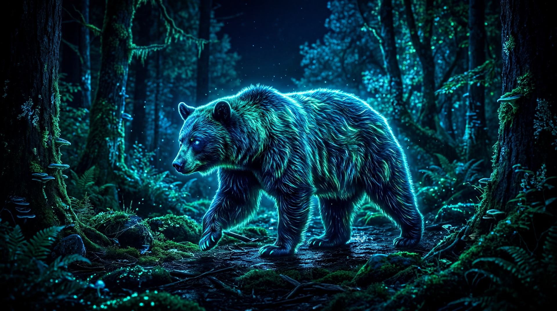 5K Ultra HD PC desktop wallpaper/background showing a glowing black bear walking through a bioluminescent forest at night.