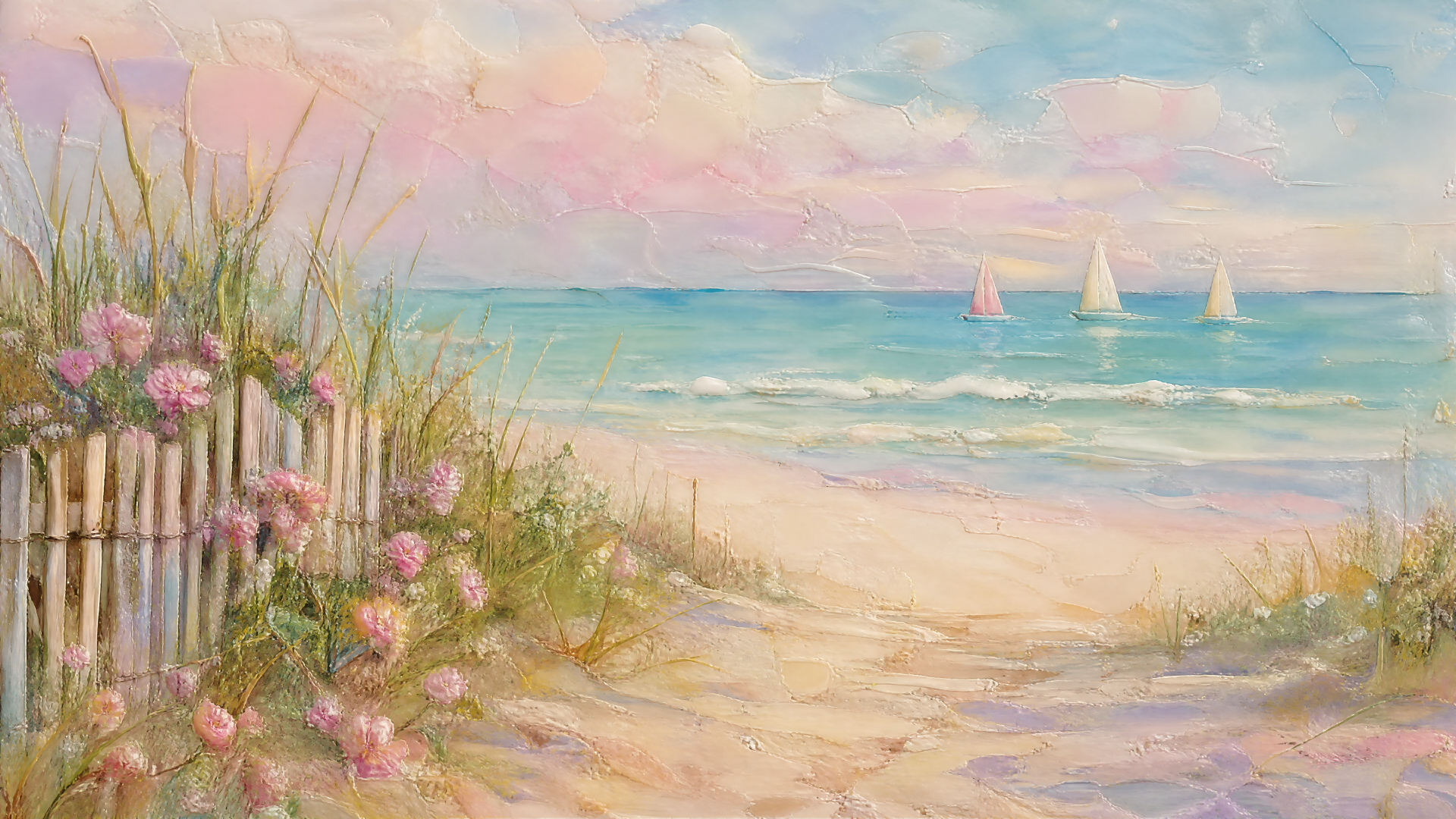 Pastel summer beach painting: sandy path between wildflowers and a driftwood fence leading to calm turquoise sea with three sailboats beneath a soft pink-blue sky — 4K Ultra HD PC desktop wallpaper