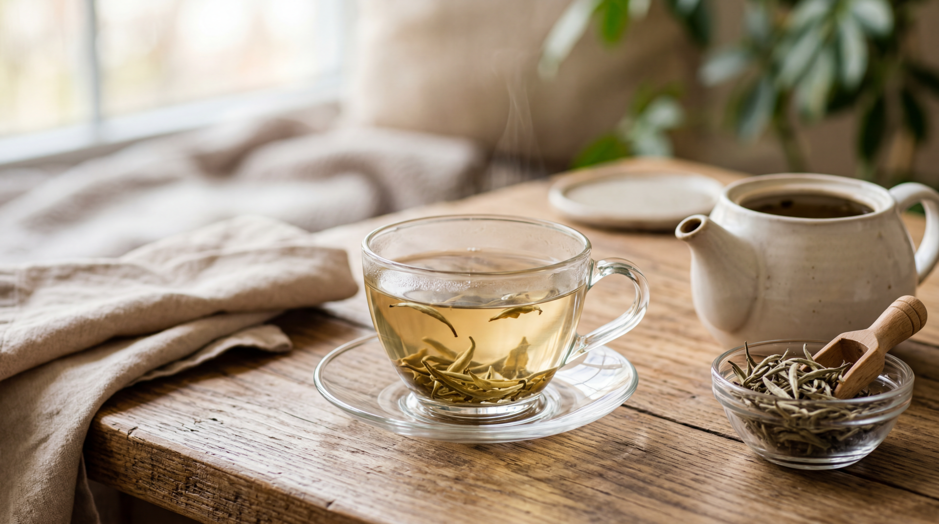 5K Ultra HD PC desktop wallpaper/background: glass cup of white tea with loose leaves, teapot and cozy fabric on a rustic wooden table.