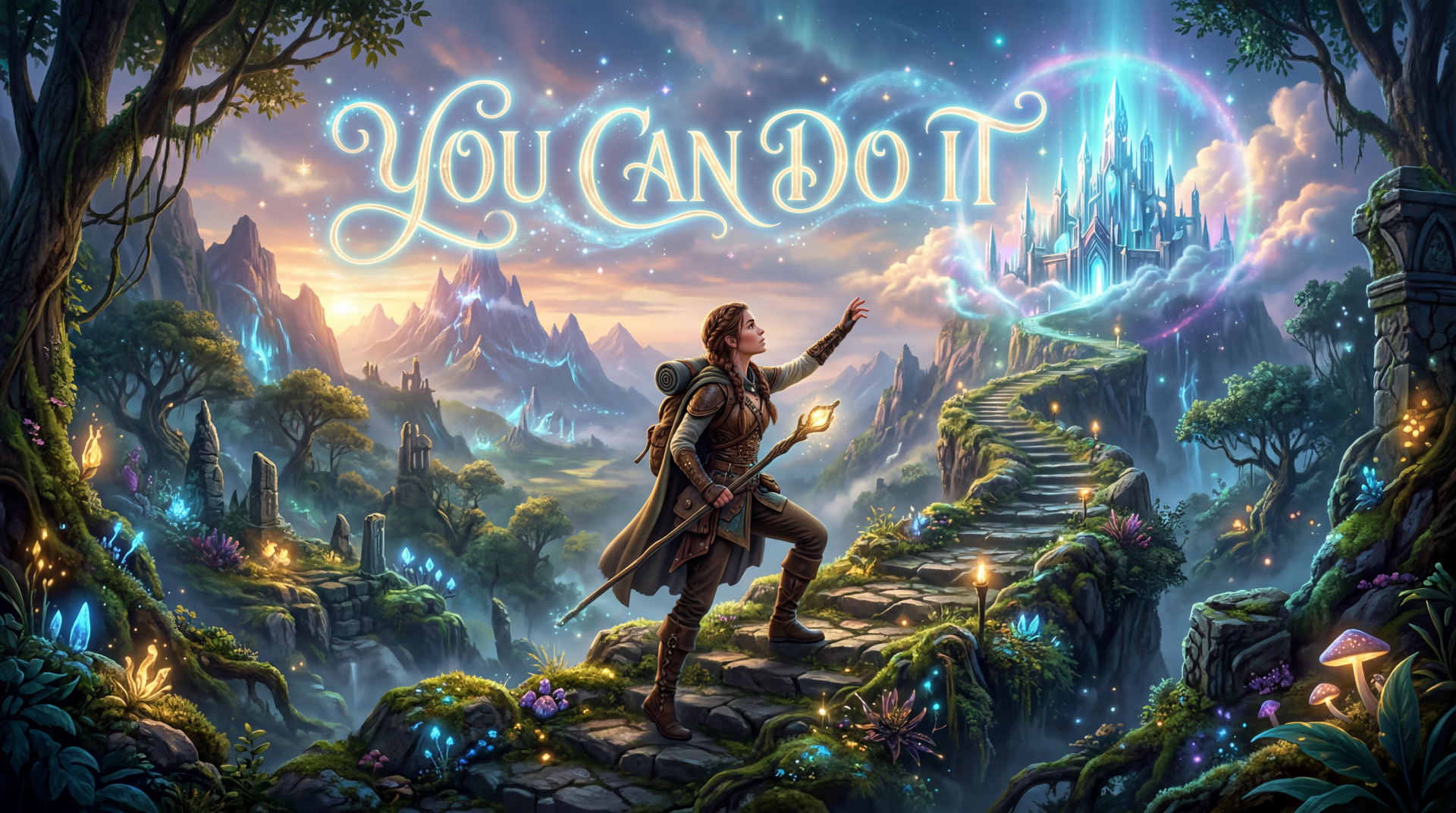 Fantasy 5K Ultra HD PC desktop wallpaper: a determined adventurer climbs a glowing stone path toward a floating crystal castle beneath the words You Can Do It.
