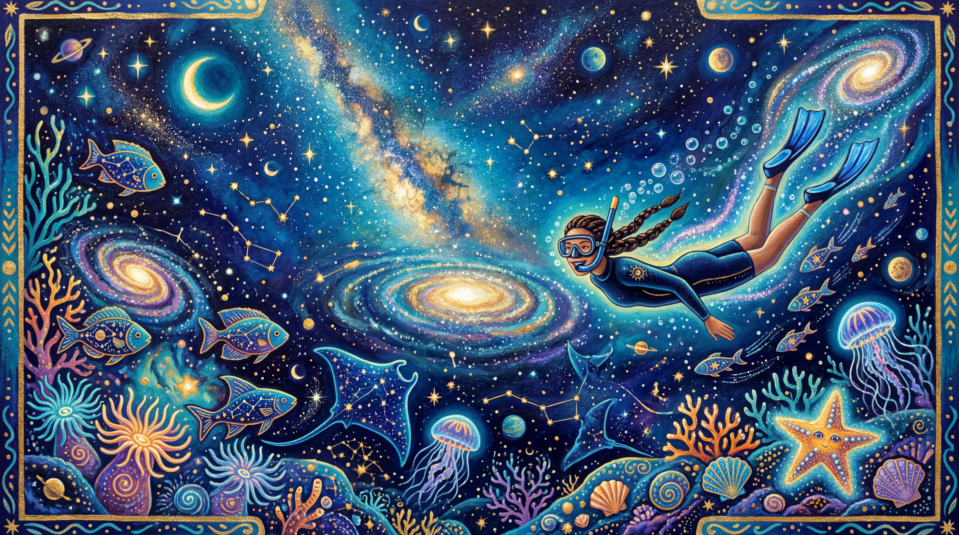Snorkeling 5K Ultra HD PC desktop wallpaper: a snorkeler glides through a cosmic underwater realm of galaxies, fish, jellyfish, manta rays and glowing coral beneath a starry Milky Way.