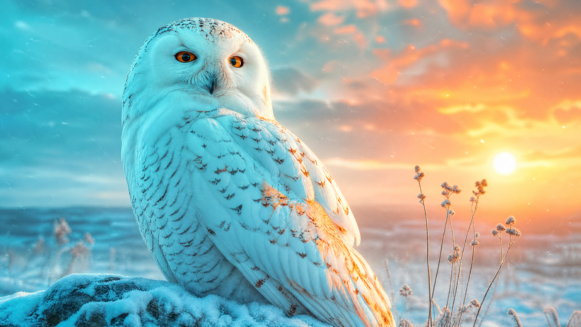 Snowy owl perched on a frost-covered rock at sunrise, vibrant sky and sharp detail — 4K Ultra HD PC desktop wallpaper.