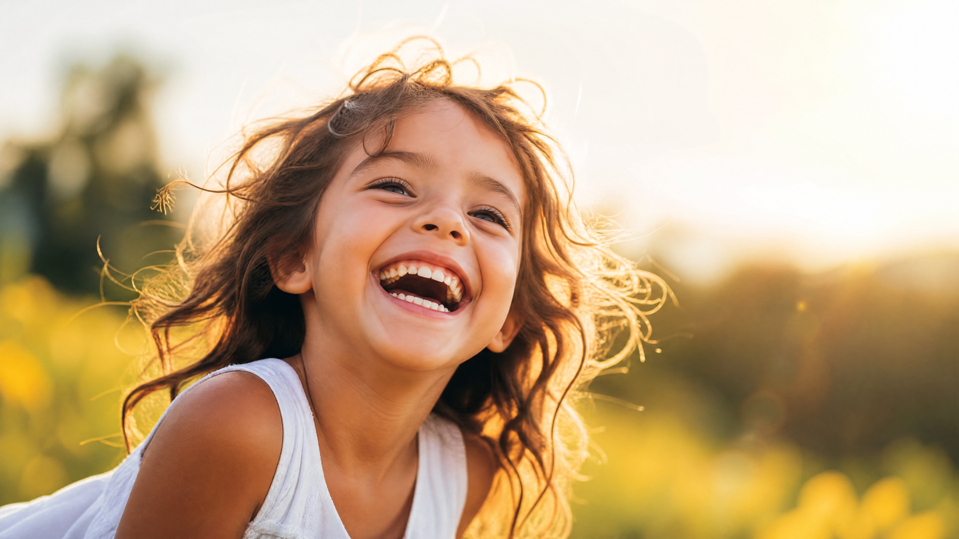 Child laughing in warm golden light over a grassy field — joyful 4K Ultra HD PC desktop wallpaper and background evoking happiness.