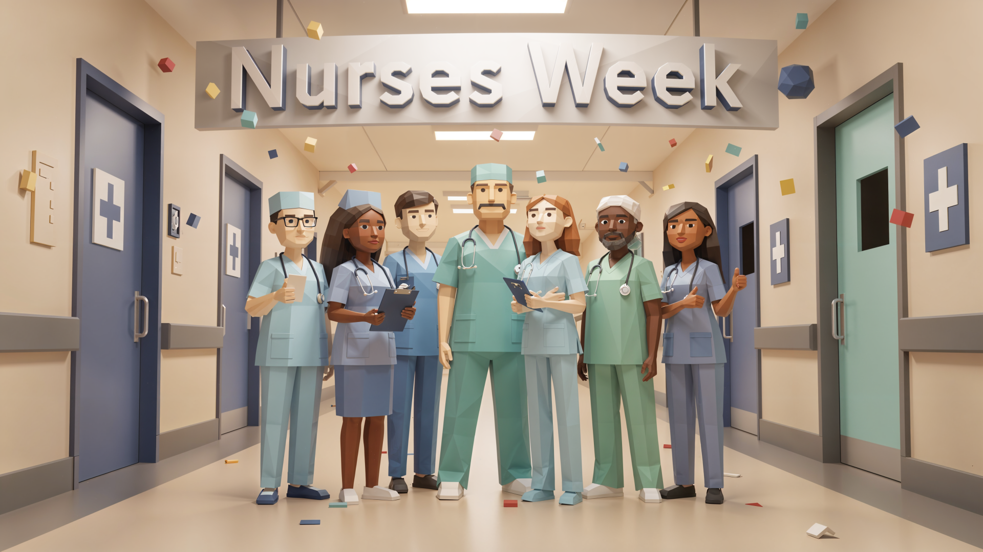 4K Ultra HD PC desktop wallpaper: diverse team of nurses in scrubs standing in a hospital corridor beneath a Nurses Week banner, stylized uplifting background.