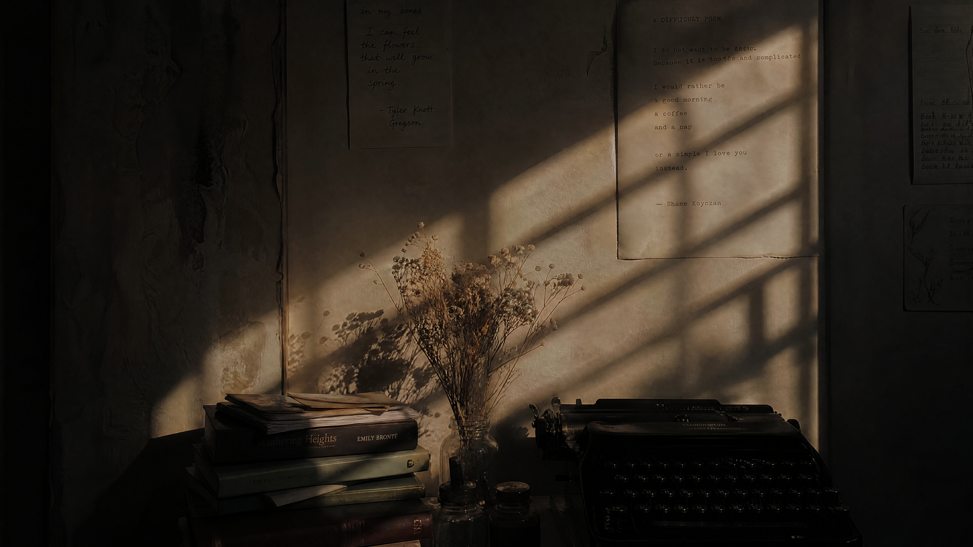 Poetcore 4K Ultra HD PC desktop wallpaper and background: moody study corner with stacked books, vintage typewriter and dried bouquet lit by window shadows.