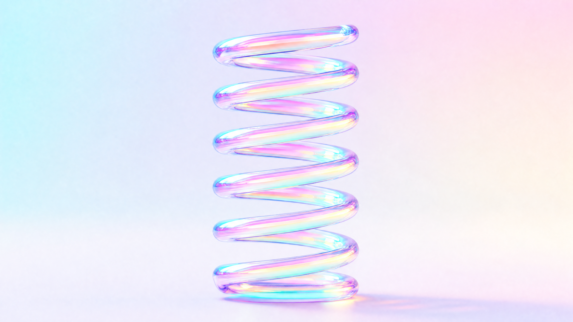 Iridescent glass-like spiral spring standing on a soft pastel gradient surface with gentle shadow — 4K Ultra HD PC desktop wallpaper and background.