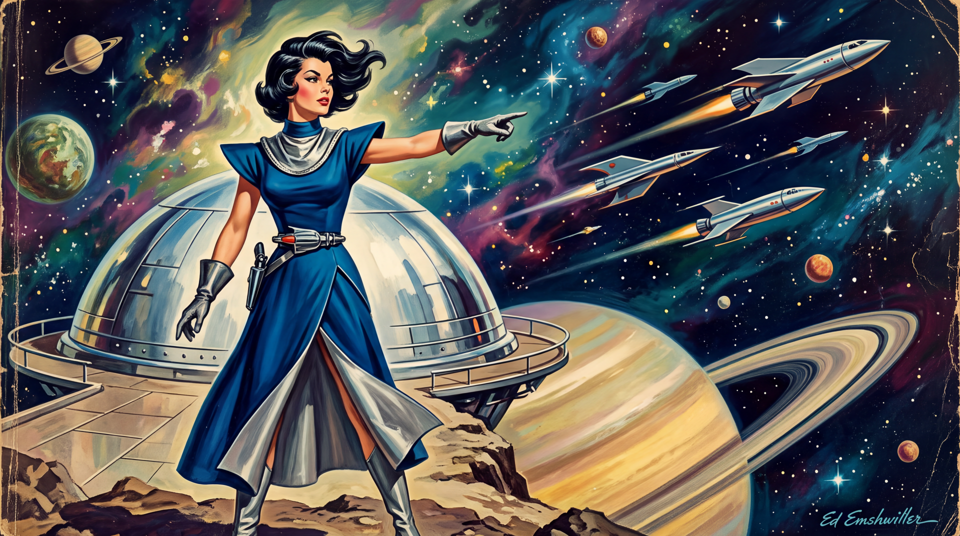 Retro sci-fi woman in a flowing blue dress points from a rocky outcrop toward sleek rockets, a domed station and ringed planet — 5K Ultra HD PC desktop wallpaper/background.